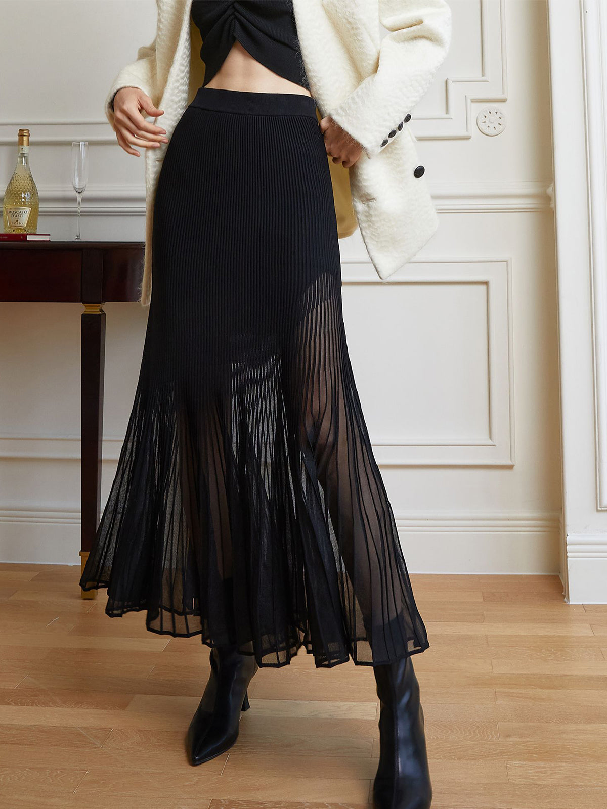 Knit Pleated Semi-sheer Maxi Skirt-Chicvia