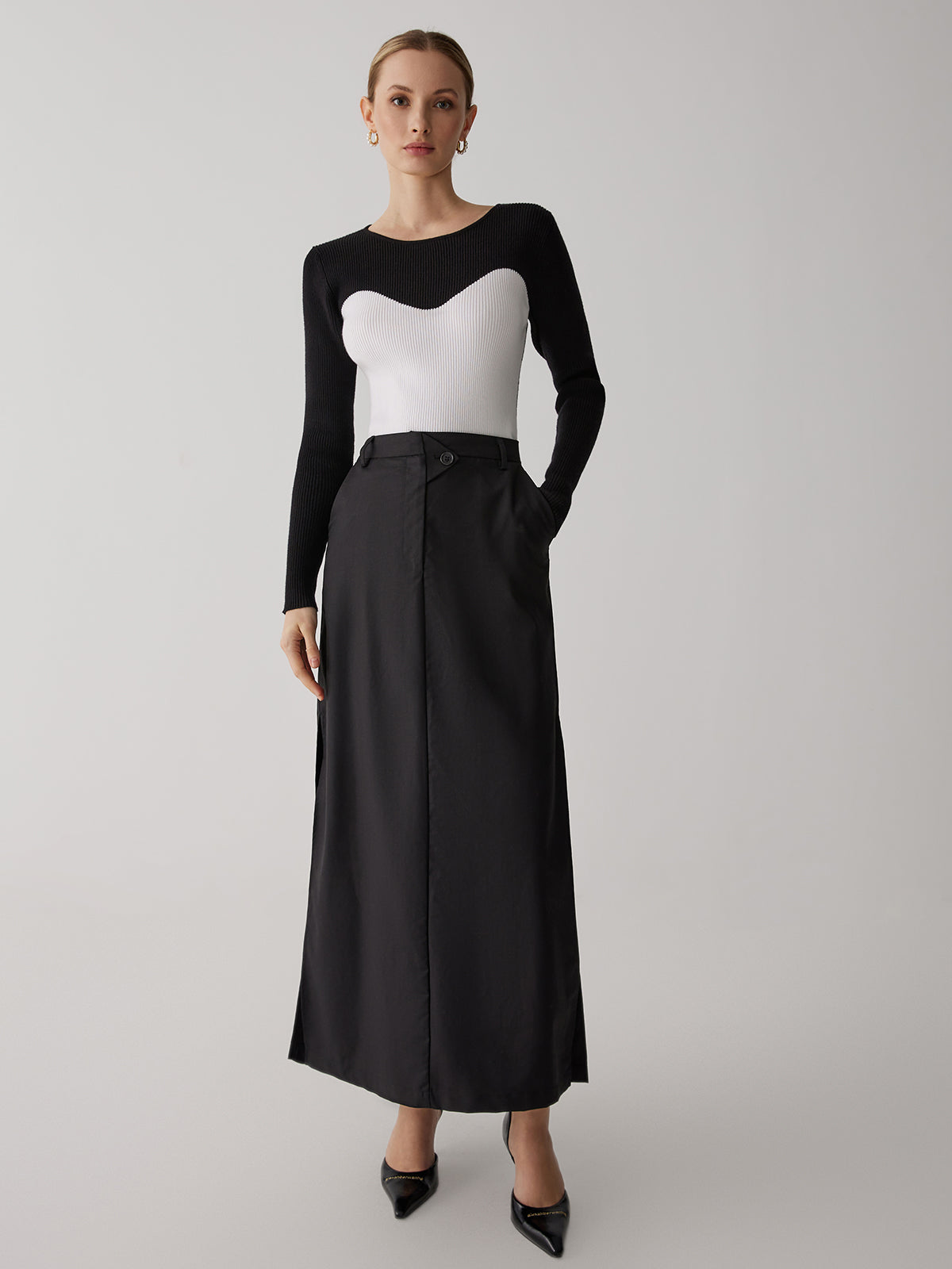 Patchwork Contrast Crew Neck Sweater-Chicvia