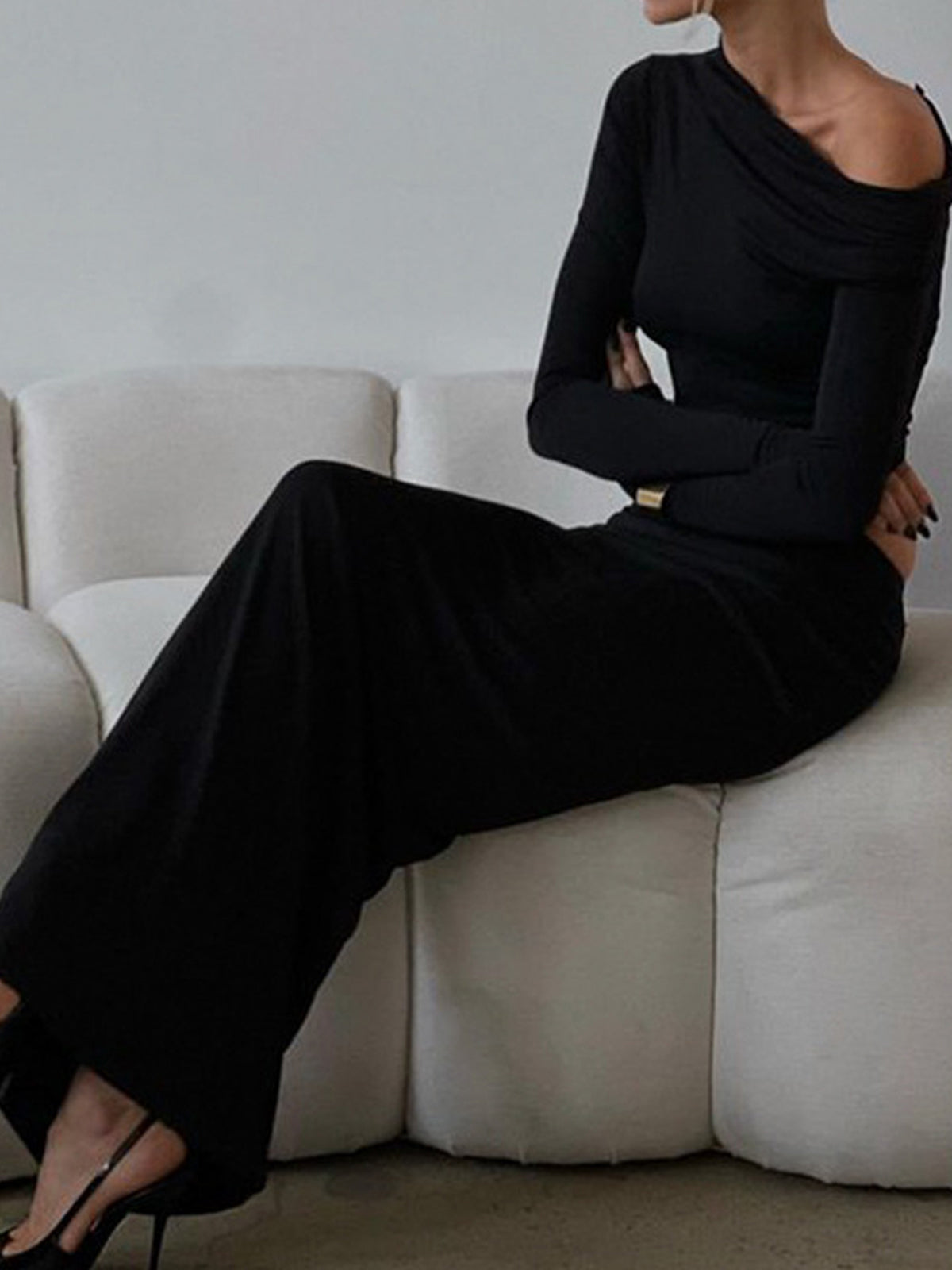 Matte Jersey One Shoulder Off Maxi Skirt Set-Chicvia