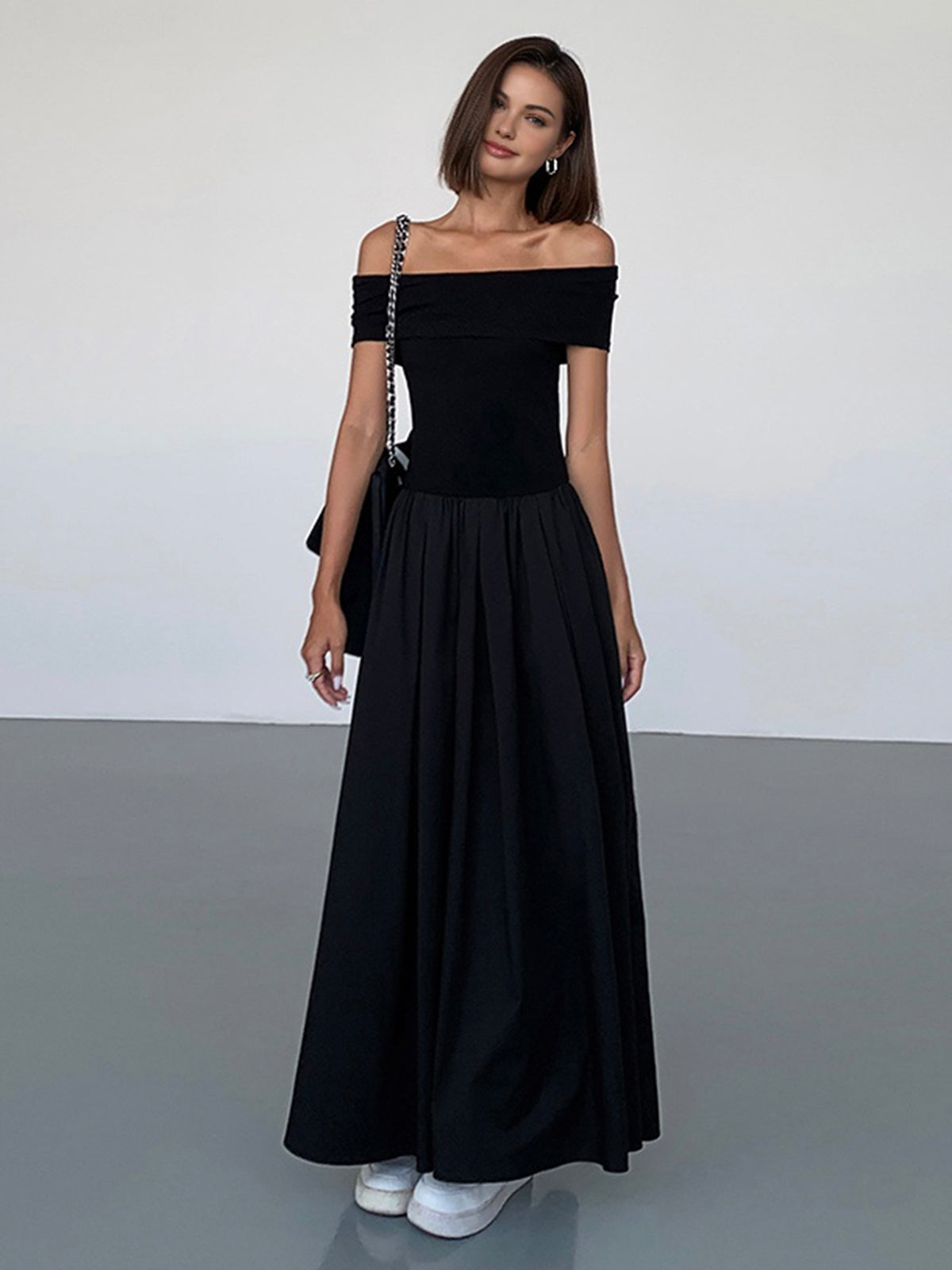 Frenchy Solid Off-Shoulder Long Dress-Chicvia