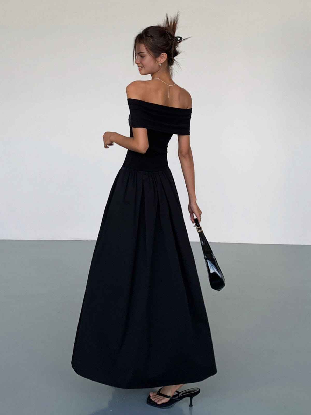Frenchy Solid Off-Shoulder Long Dress-Chicvia