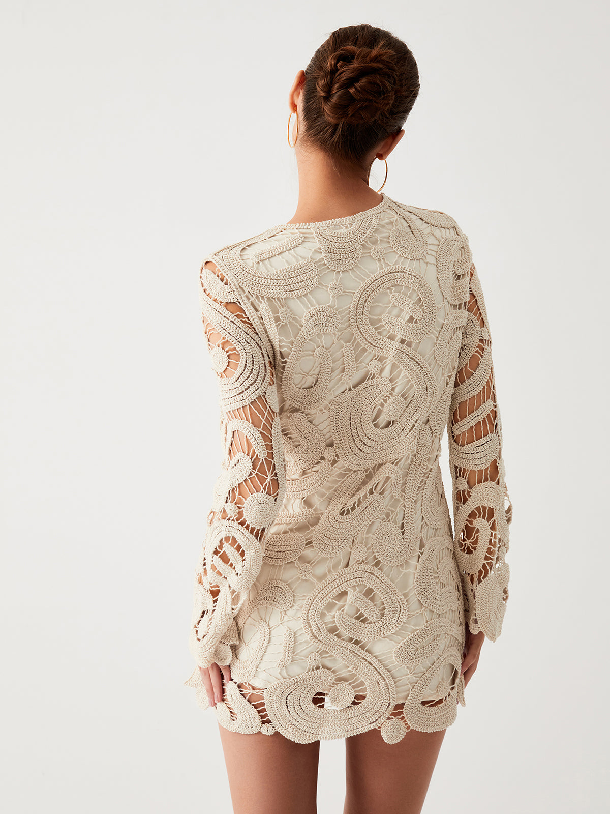 Crochet Paisley Long Sleeve Short Dress-Chicvia
