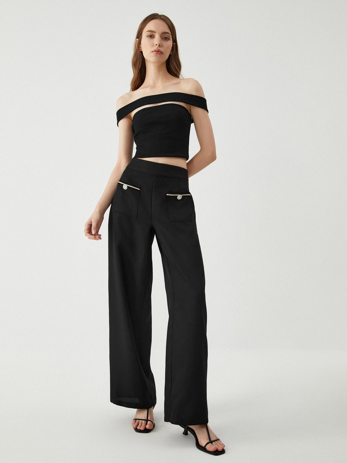 Contrast Trim Pocket Wide Leg Pants-Chicvia