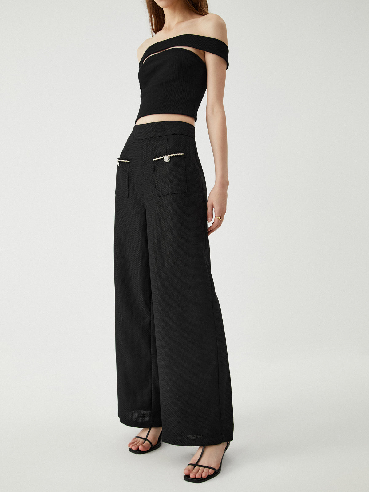 Contrast Trim Pocket Wide Leg Pants-Chicvia