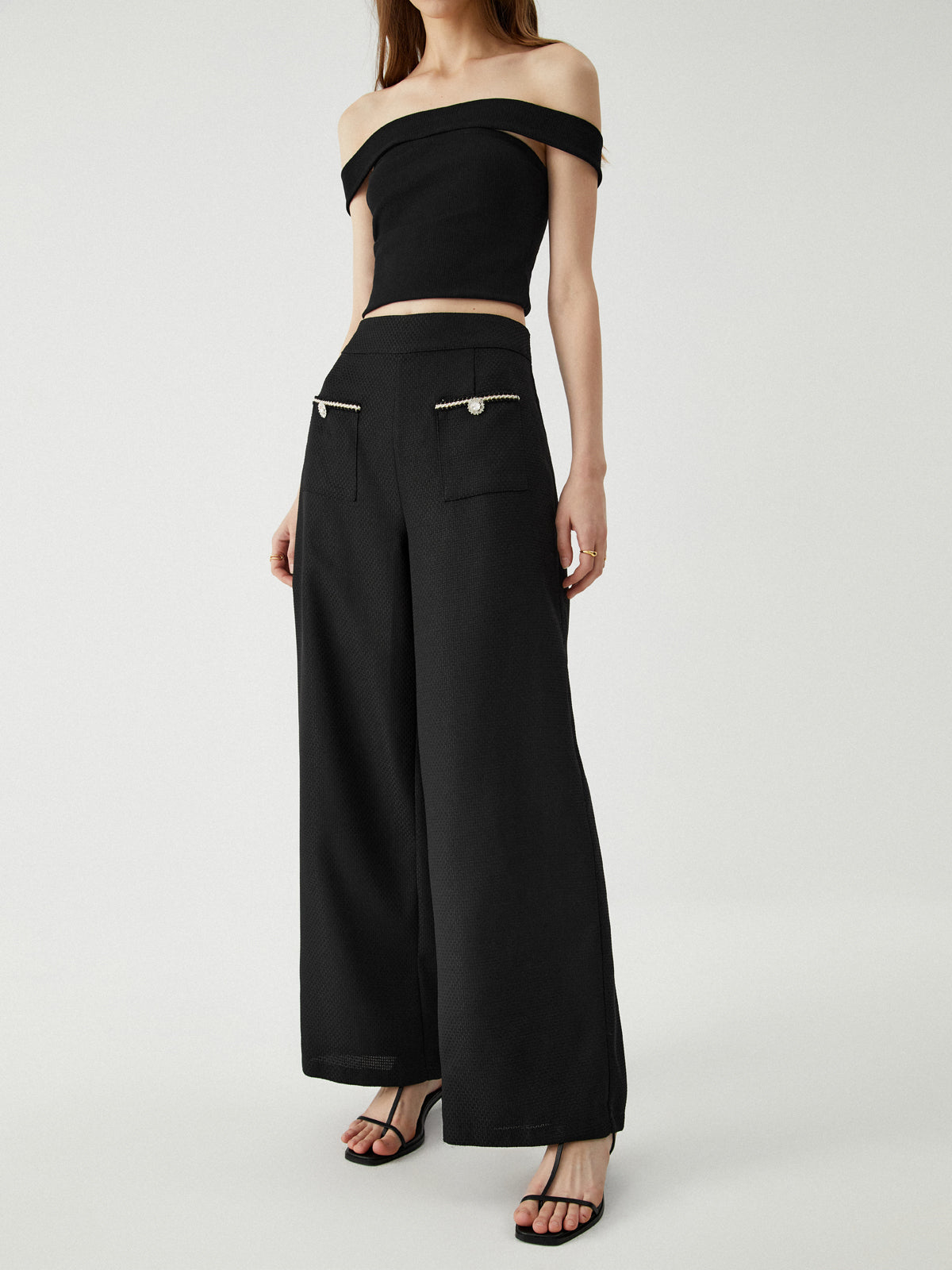 Contrast Trim Pocket Wide Leg Pants-Chicvia