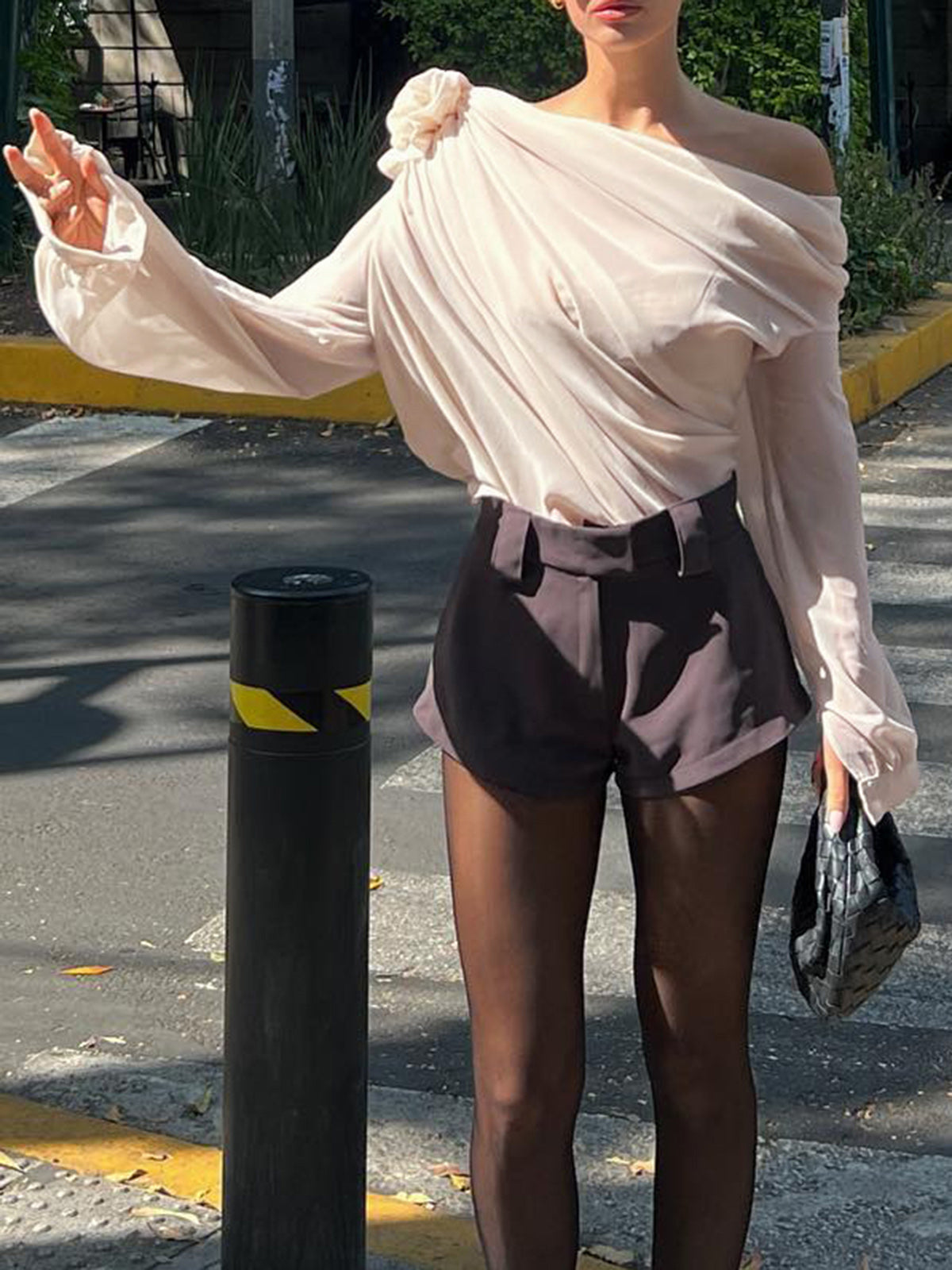 Chiffon Semi-Sheer One Shoulder Asymmetrical Blouse-Chicvia