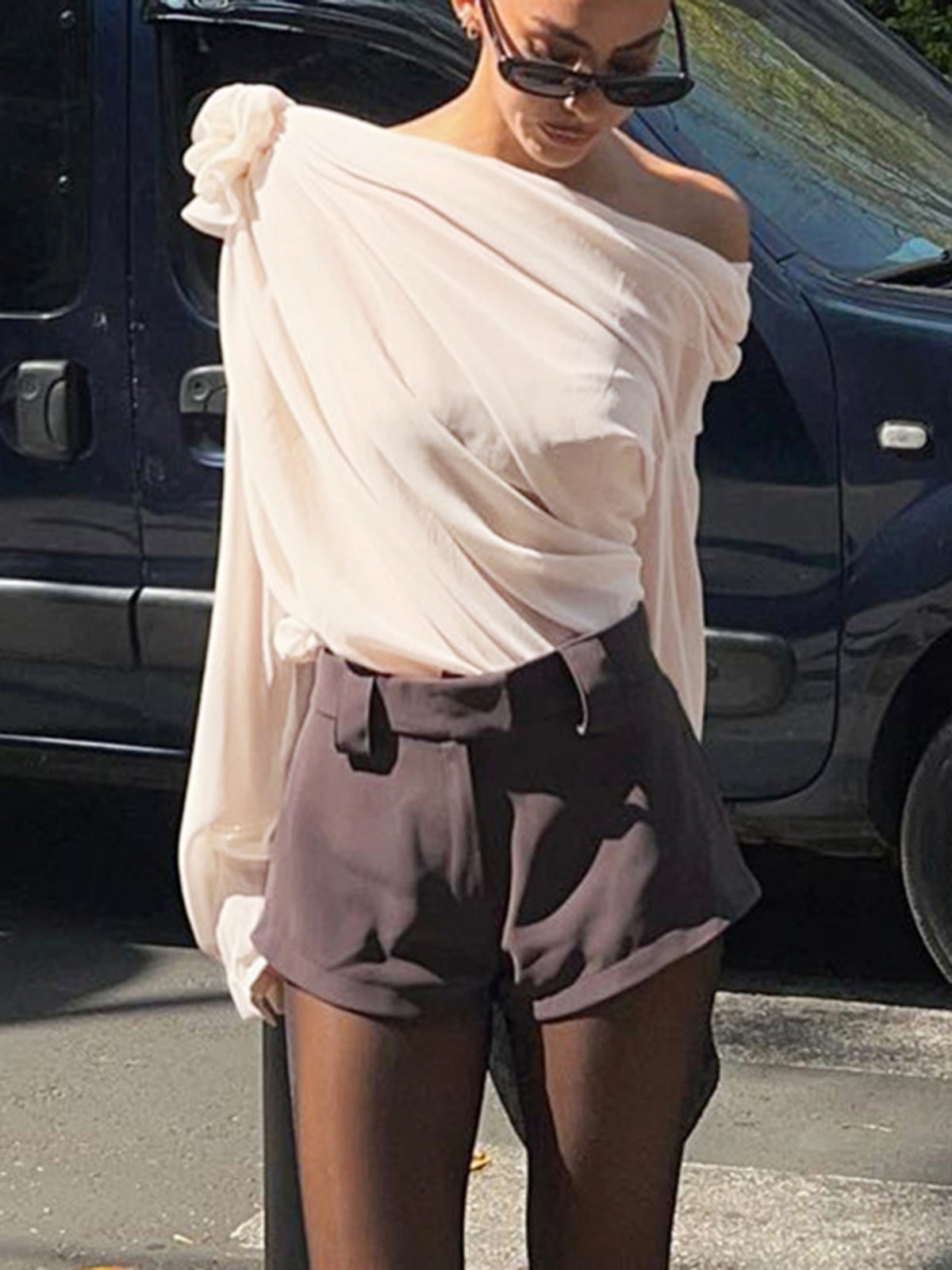 Chiffon Semi-Sheer One Shoulder Asymmetrical Blouse-Chicvia