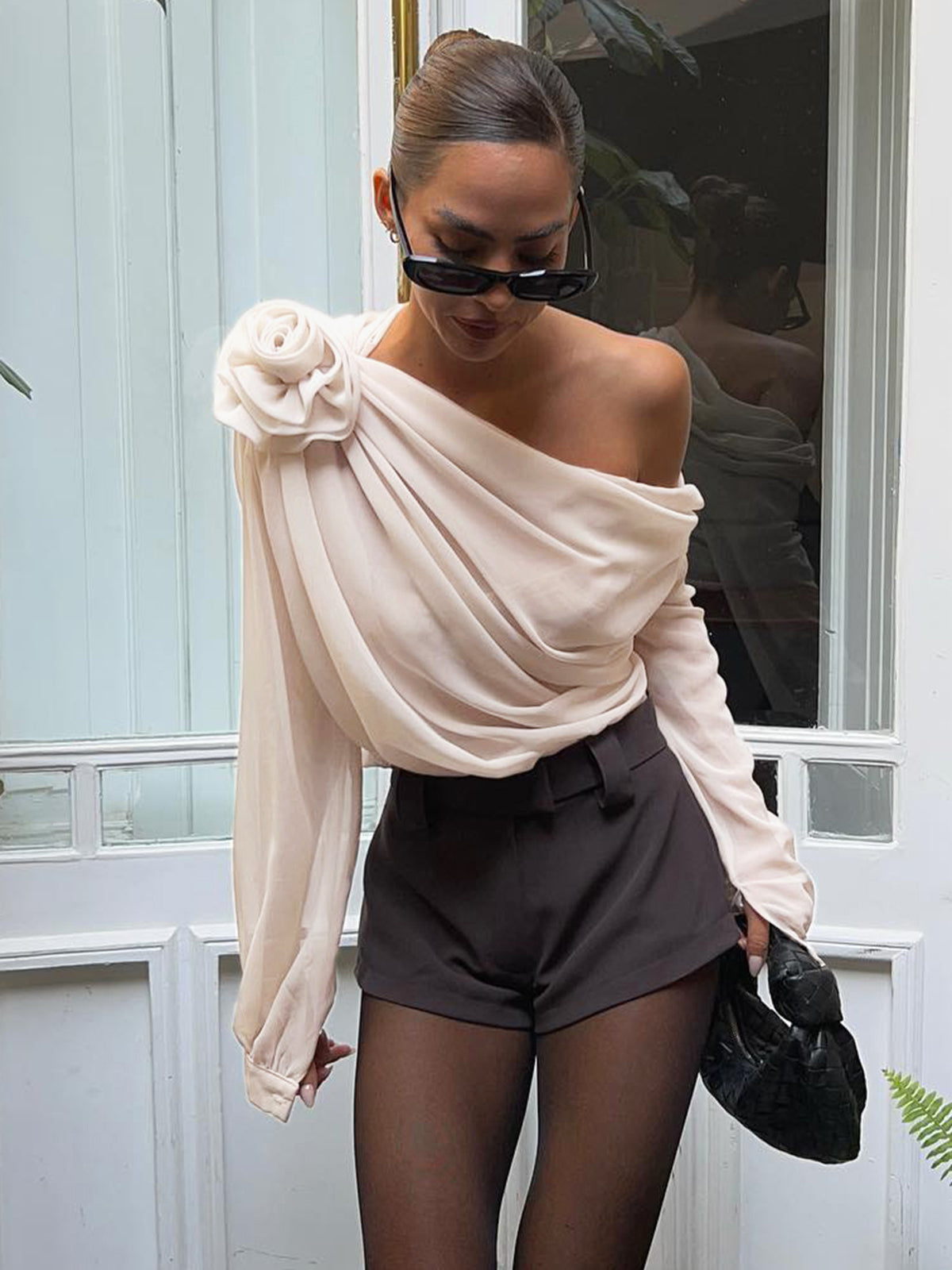 Chiffon Semi-Sheer One Shoulder Asymmetrical Blouse-Chicvia