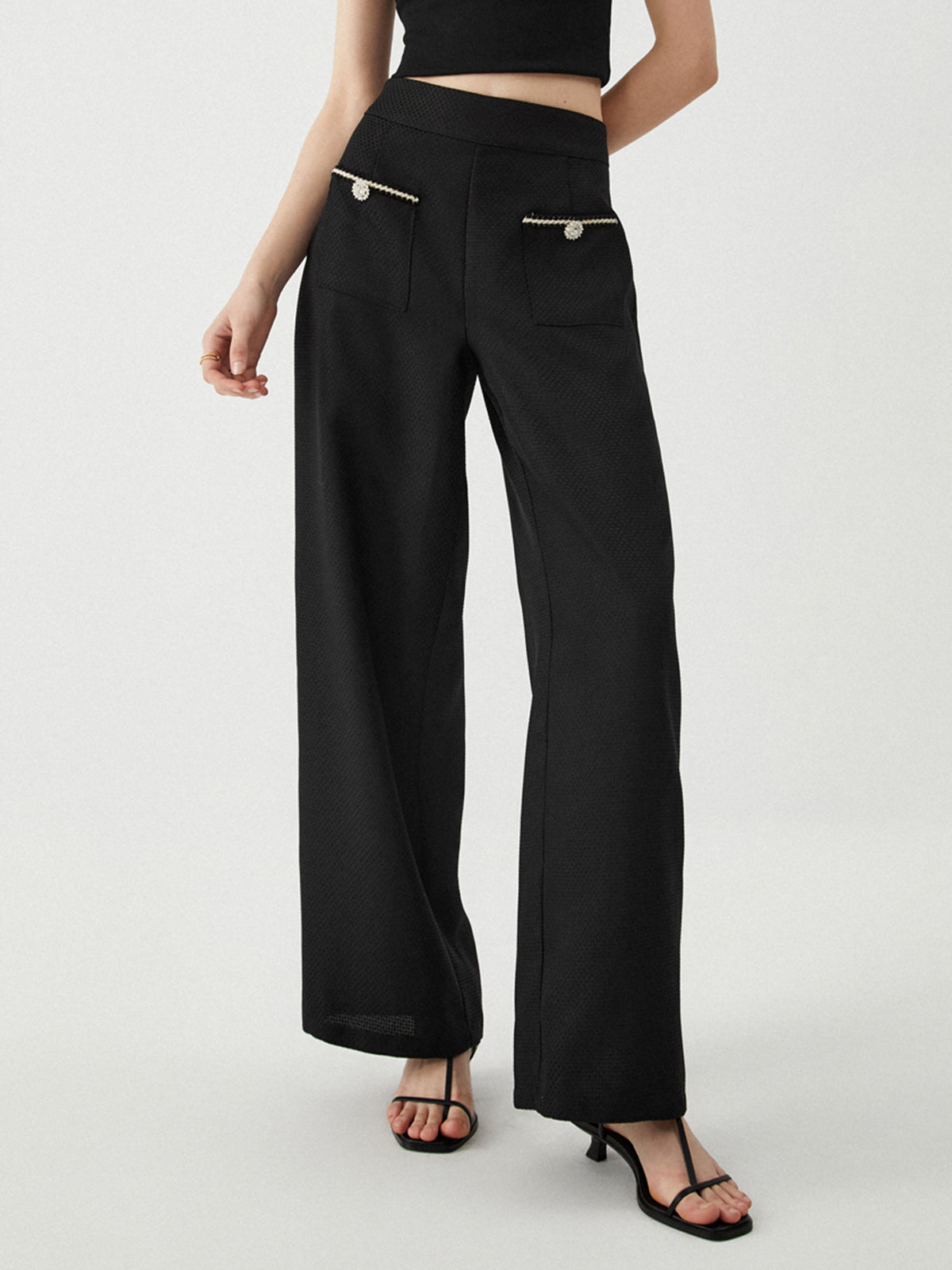 Contrast Trim Pocket Wide Leg Pants-Chicvia