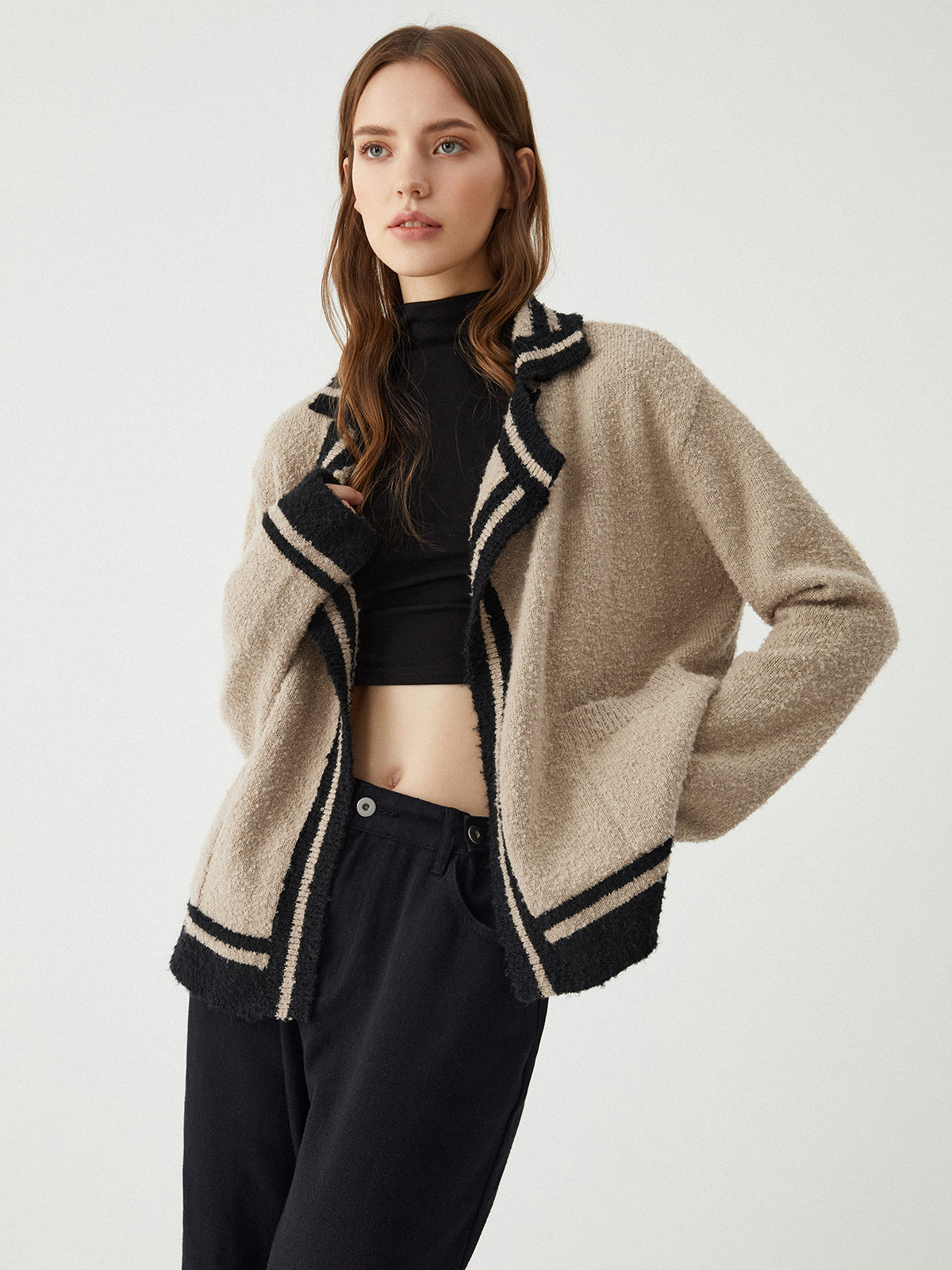 Contrast Trim Knit Cardigan-Chicvia