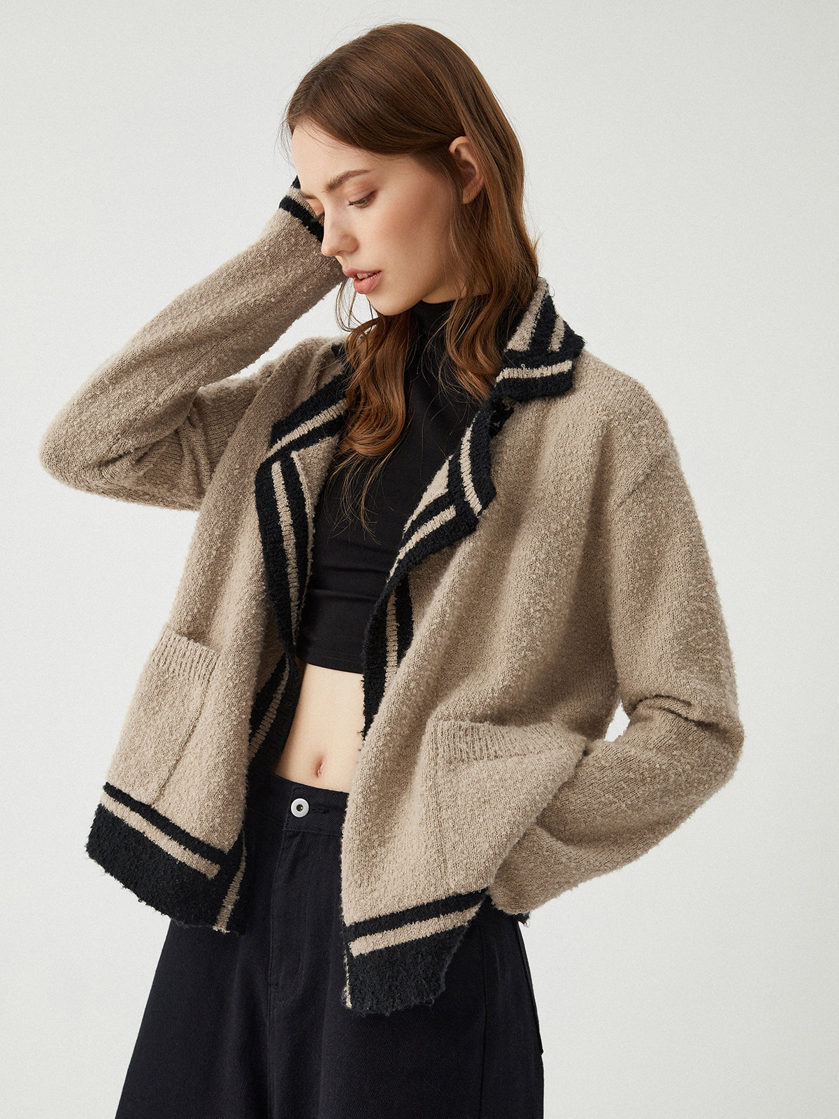 Contrast Trim Knit Cardigan-Chicvia