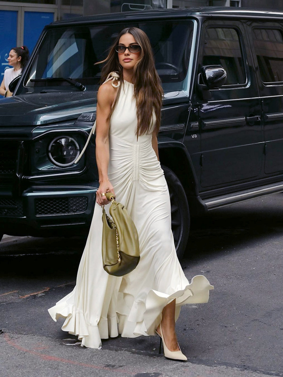 Lace Up Pleated Halter Long Dress-Chicvia