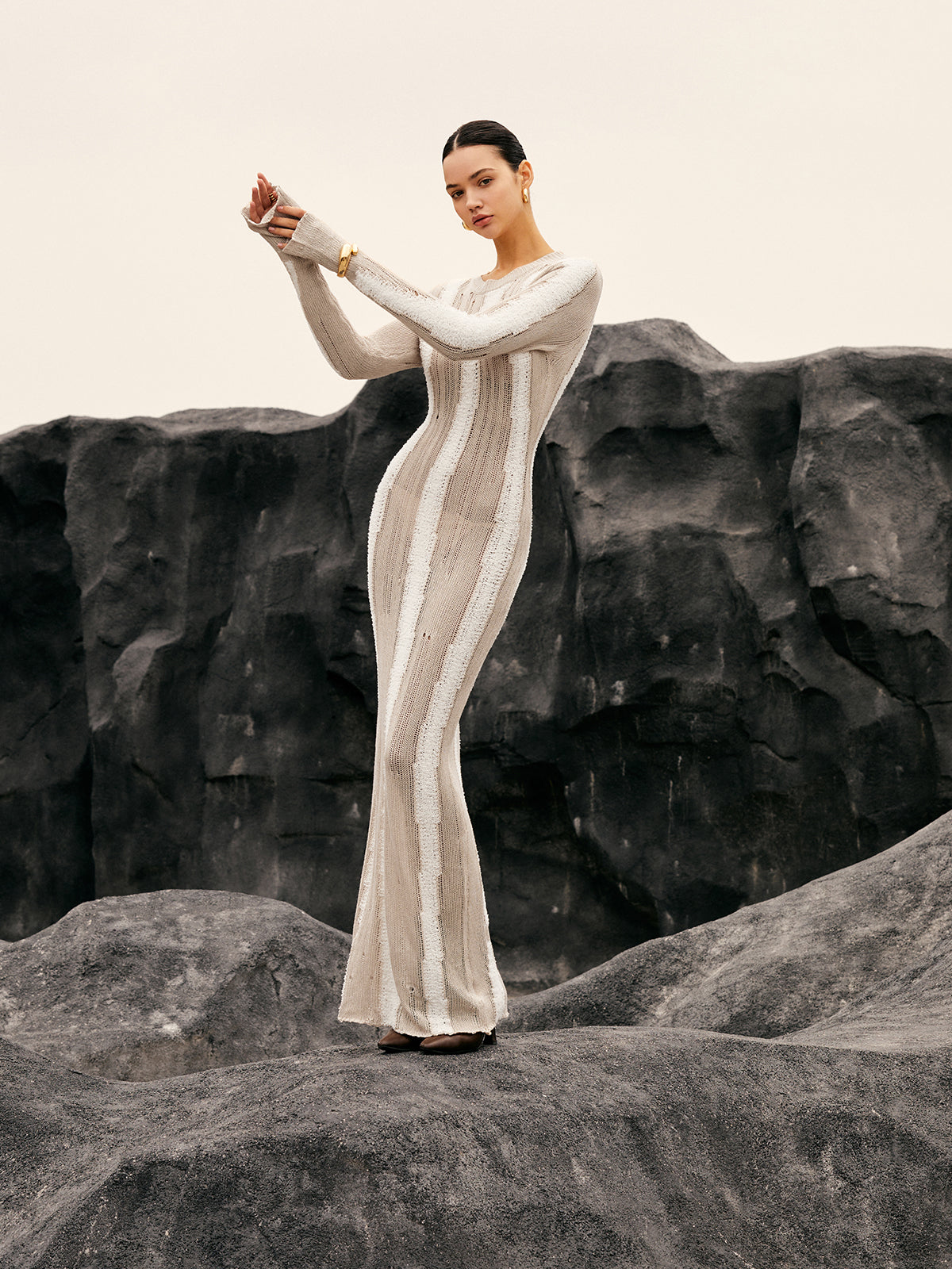 Jacquard Striped Crochet Long Dress-Chicvia