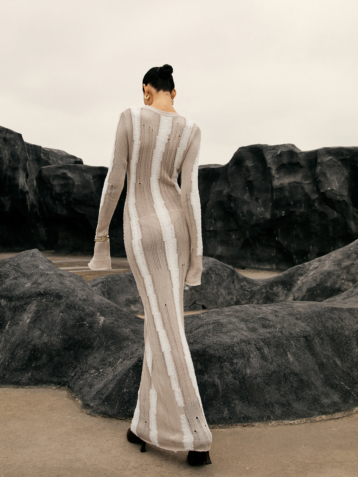 Jacquard Striped Crochet Long Dress-Chicvia