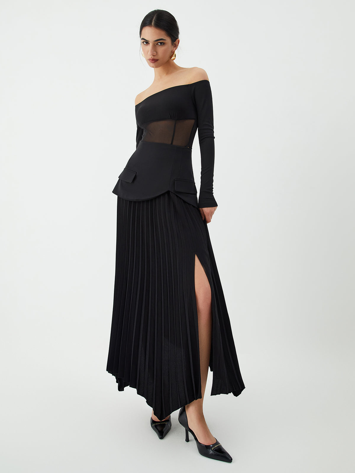 Patchwork Pleated Midi Skirt-Chicvia