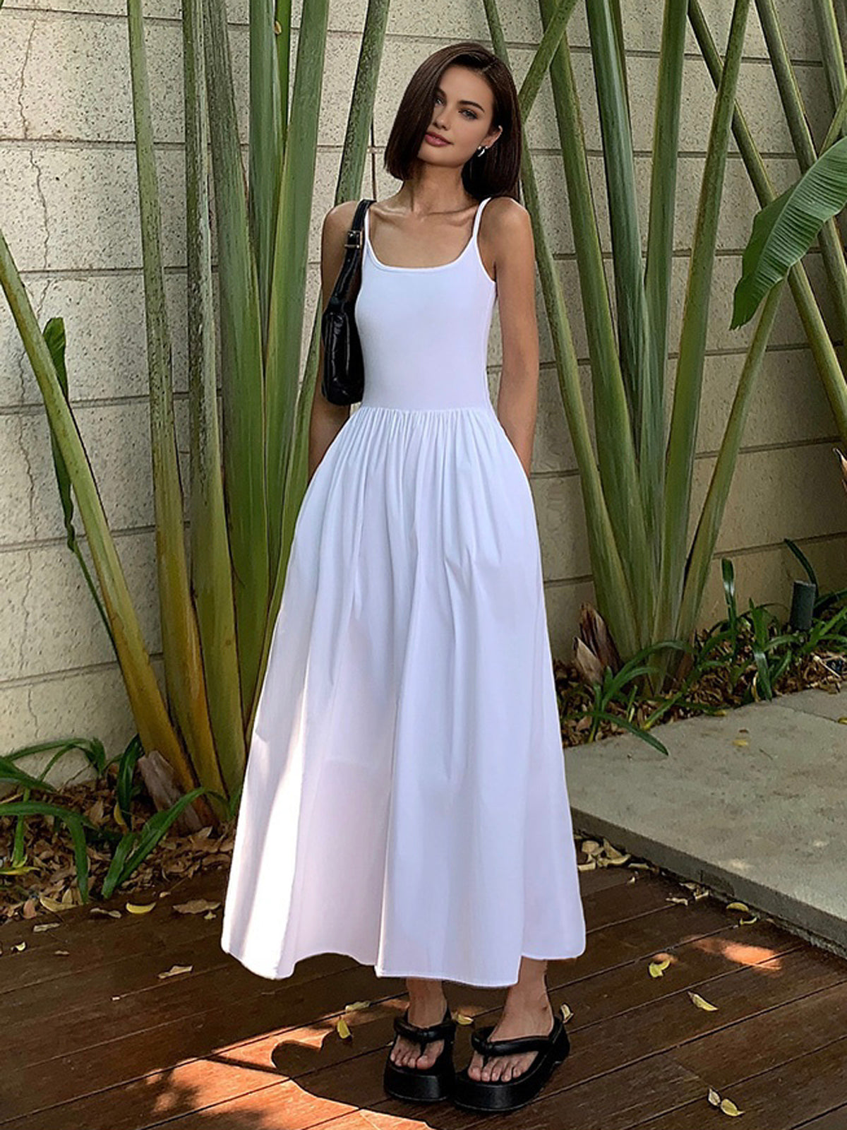 Patchwork Pockets Cotton Cami Midi Dress-Chicvia