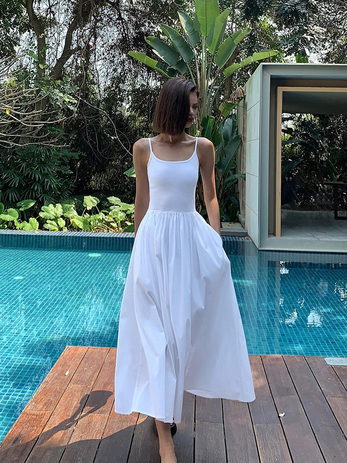 Patchwork Pockets Cotton Cami Midi Dress-Chicvia