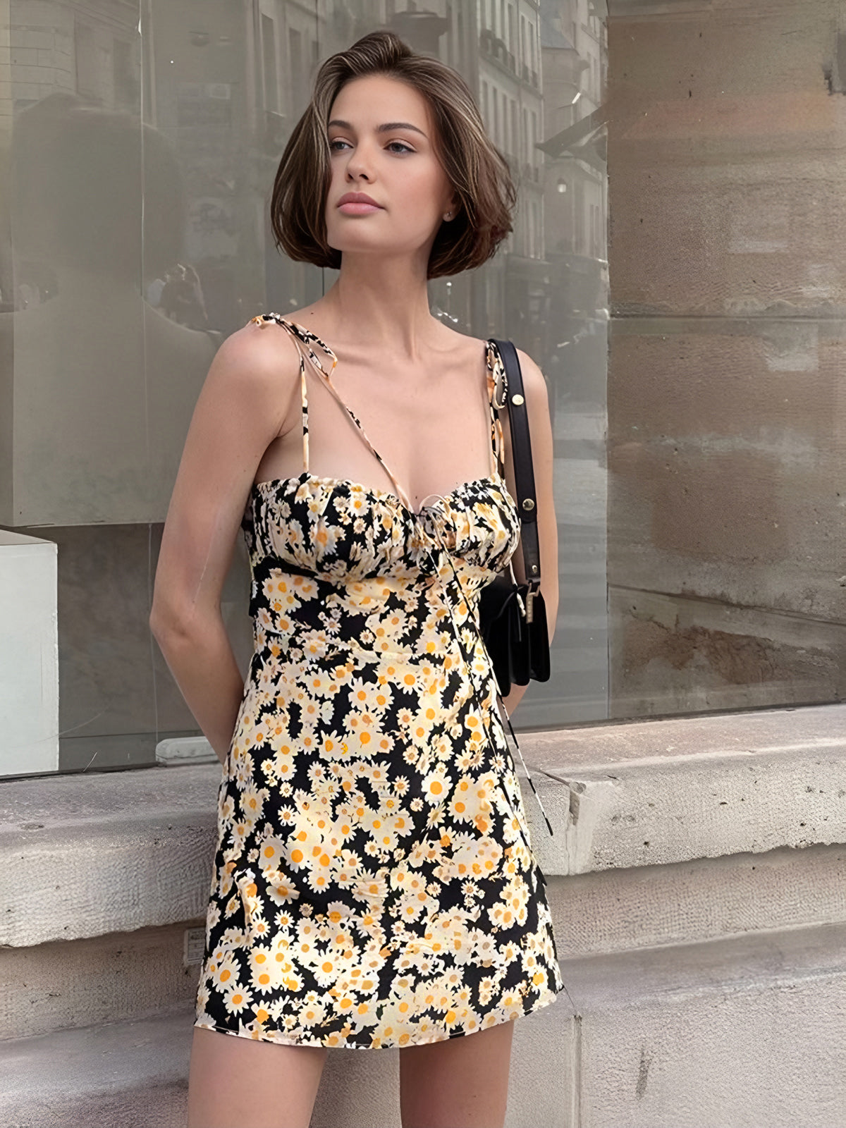 Daisy Printed Floral Short Dress-Chicvia