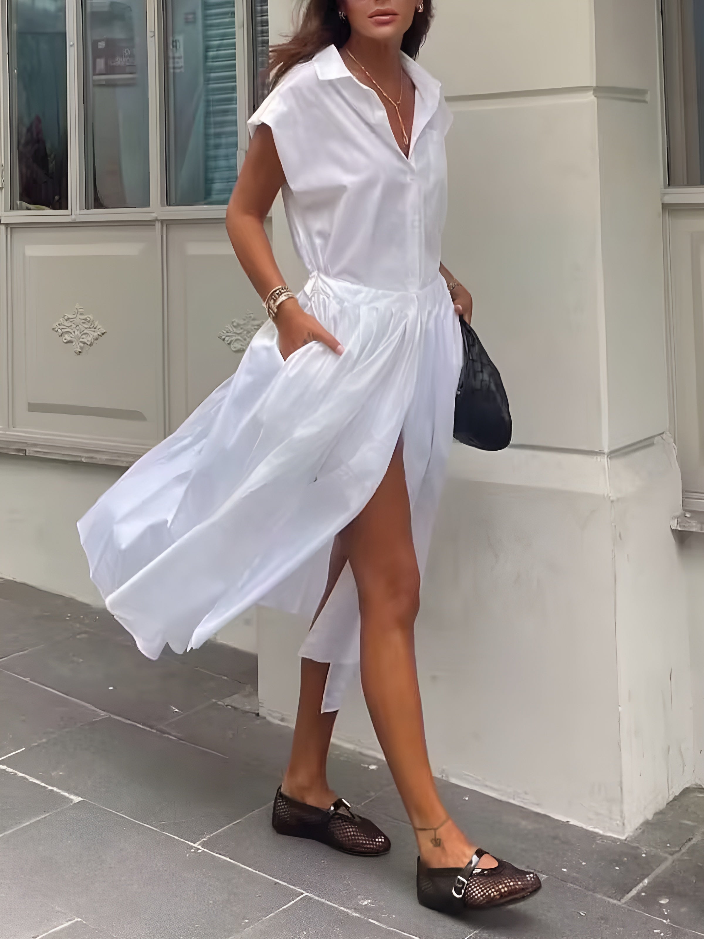 Cotton Blends Sleeveless Split Midi Dress-Chicvia