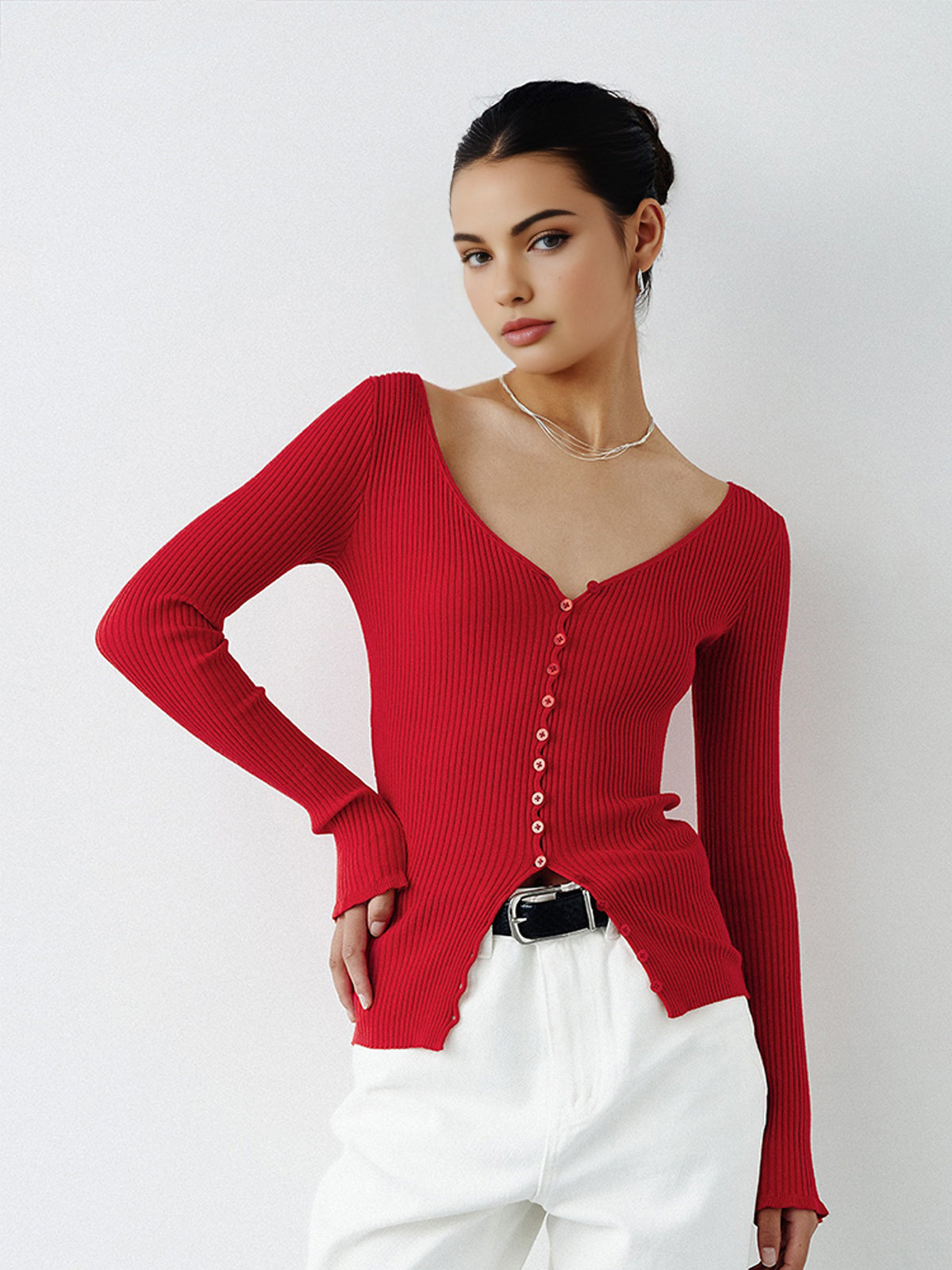 Button V Neck Knit Cardigan-Chicvia