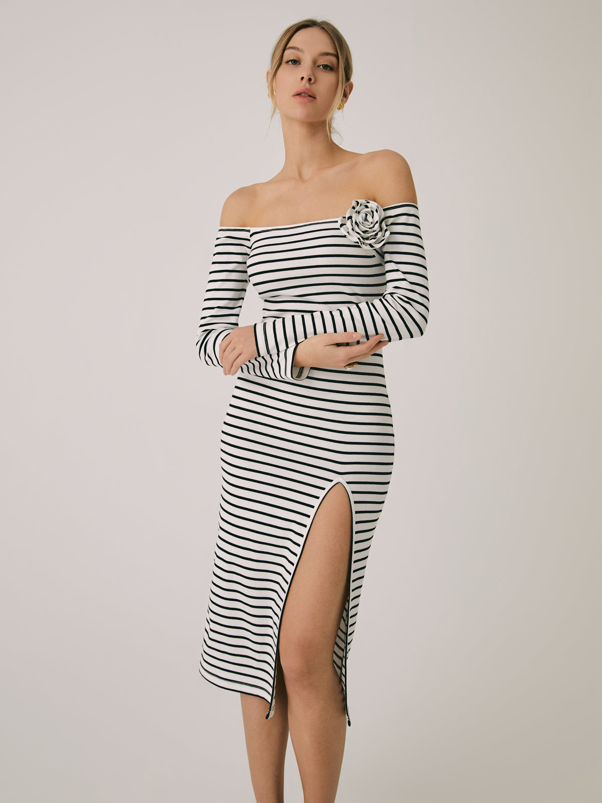 Off-Shoulder Rosette Split Midi Dress-Chicvia