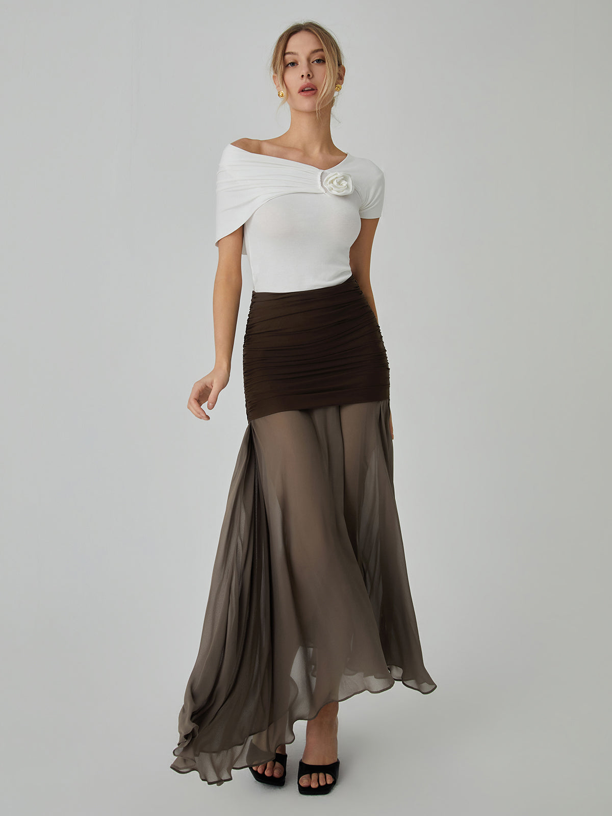 Net Chiffon Sheer Panel Maxi Skirt-Chicvia