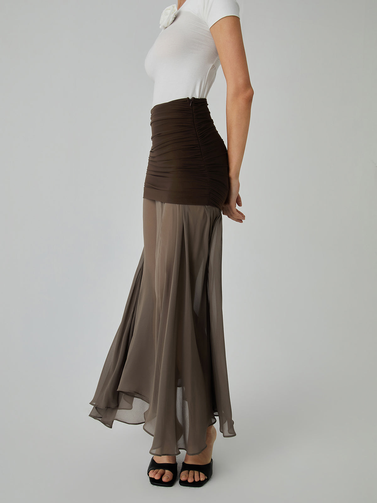 Net Chiffon Sheer Panel Maxi Skirt-Chicvia
