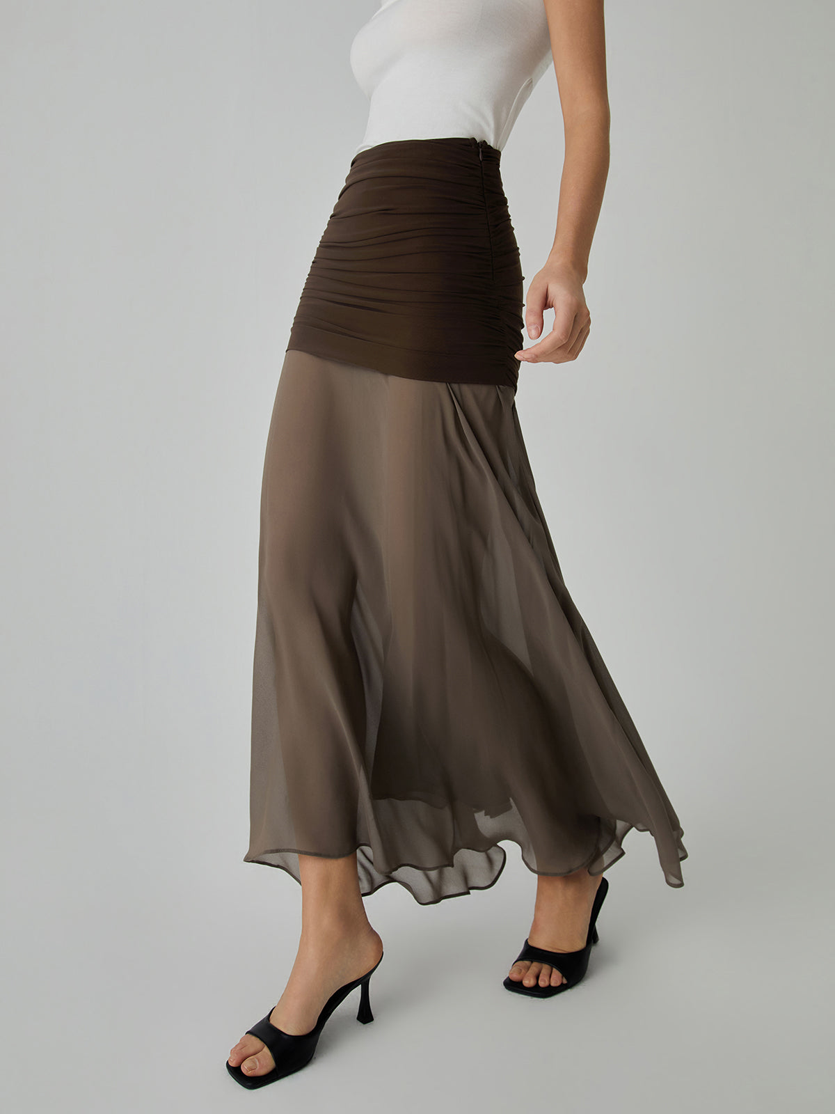 Net Chiffon Sheer Panel Maxi Skirt-Chicvia