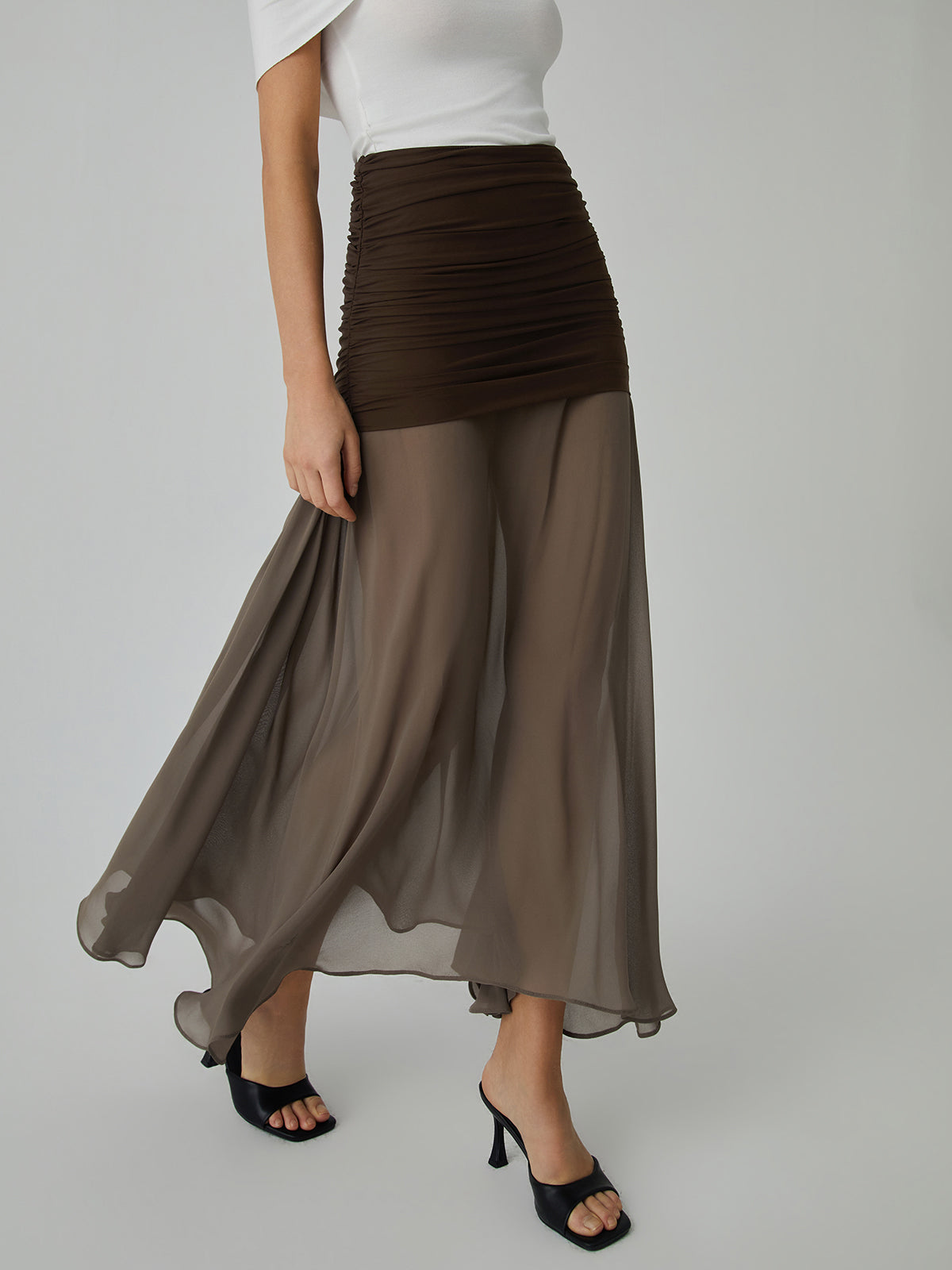 Net Chiffon Sheer Panel Maxi Skirt-Chicvia