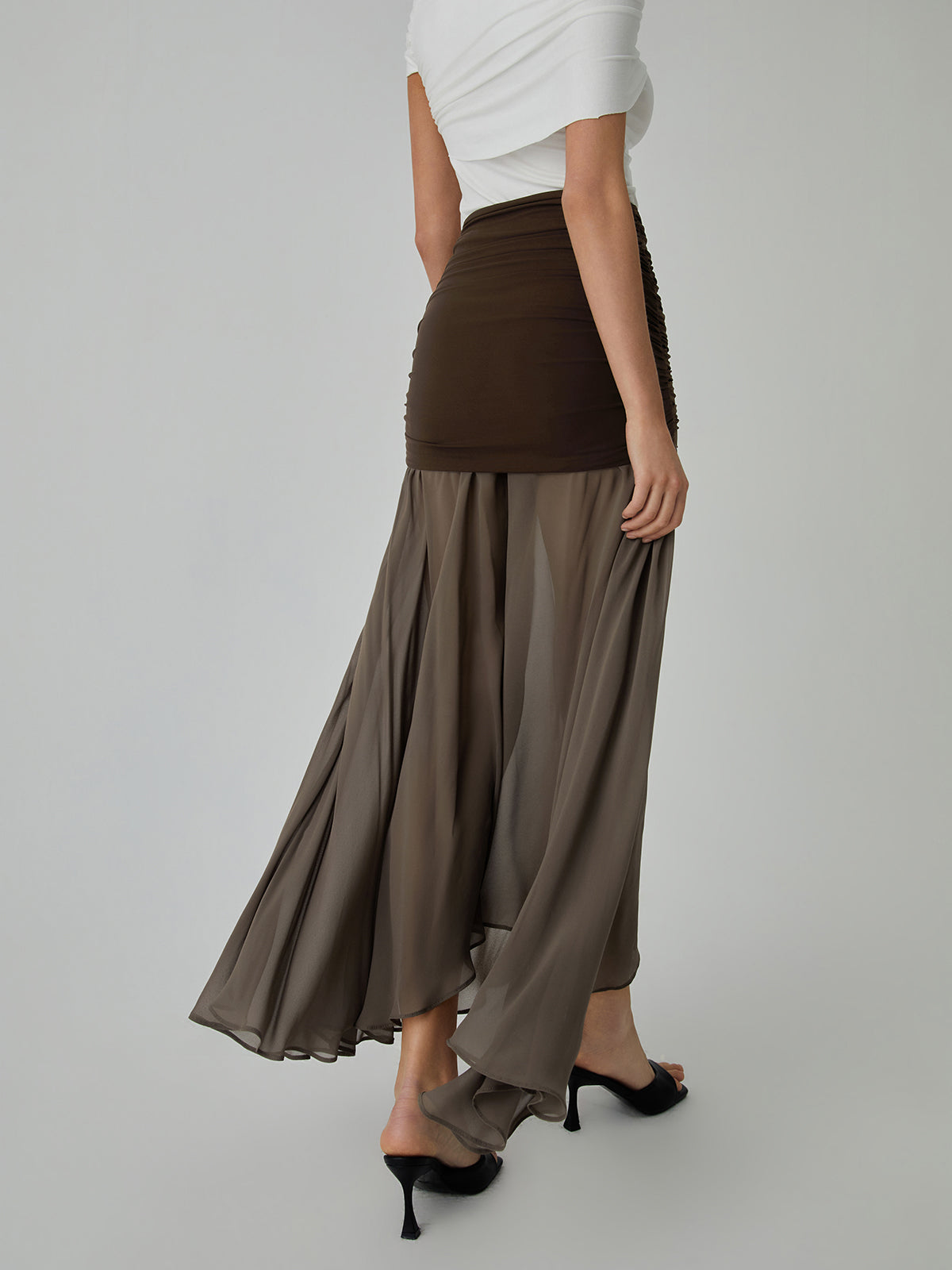 Net Chiffon Sheer Panel Maxi Skirt-Chicvia