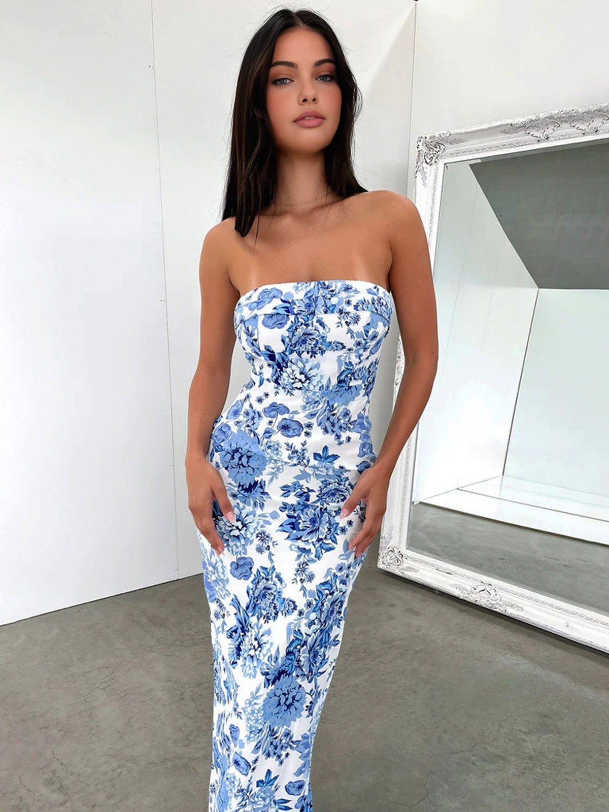 Multi Floral Split Long Dress-Chicvia