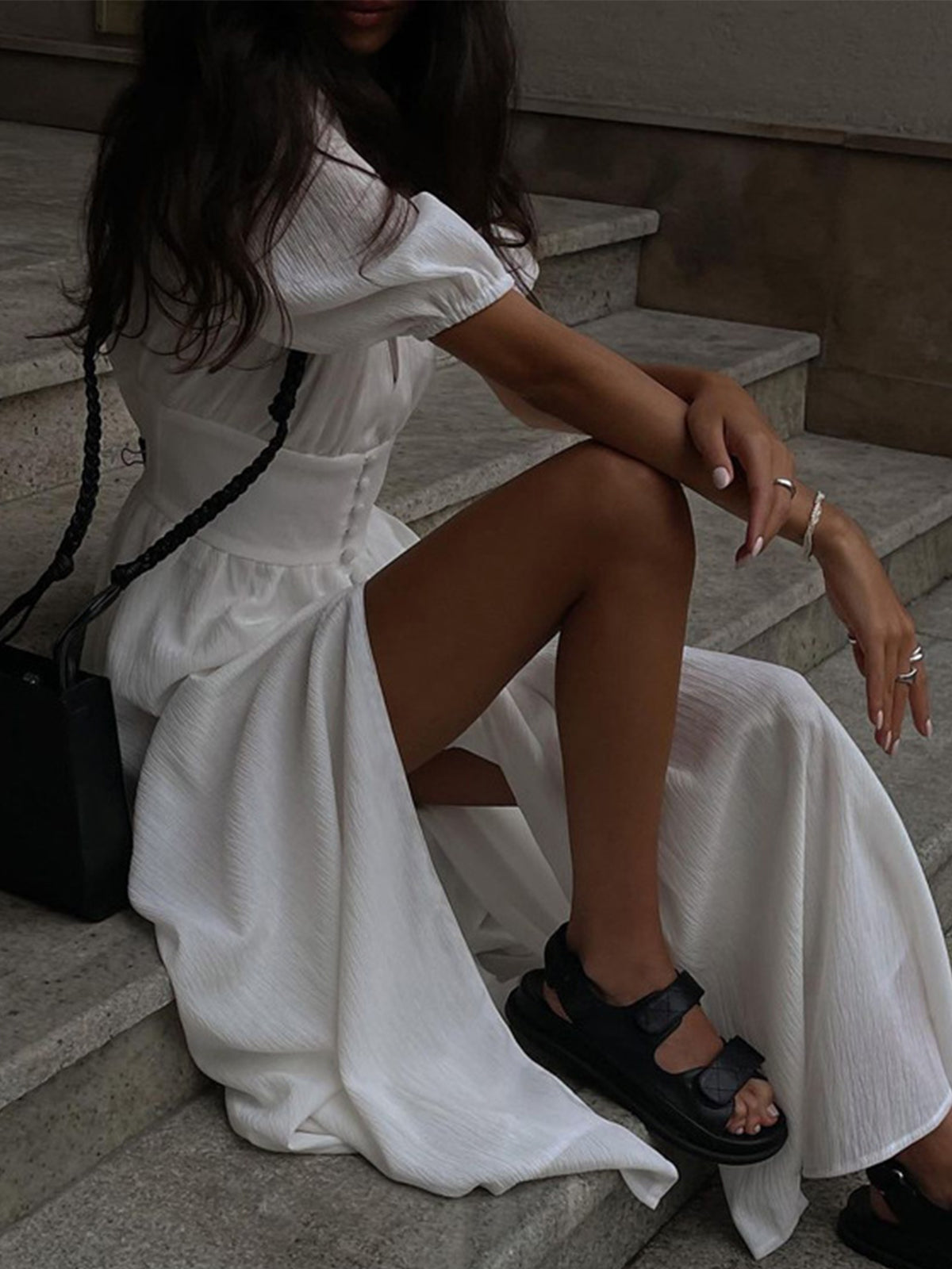 Frenchy  Button Split Long Dress-Chicvia