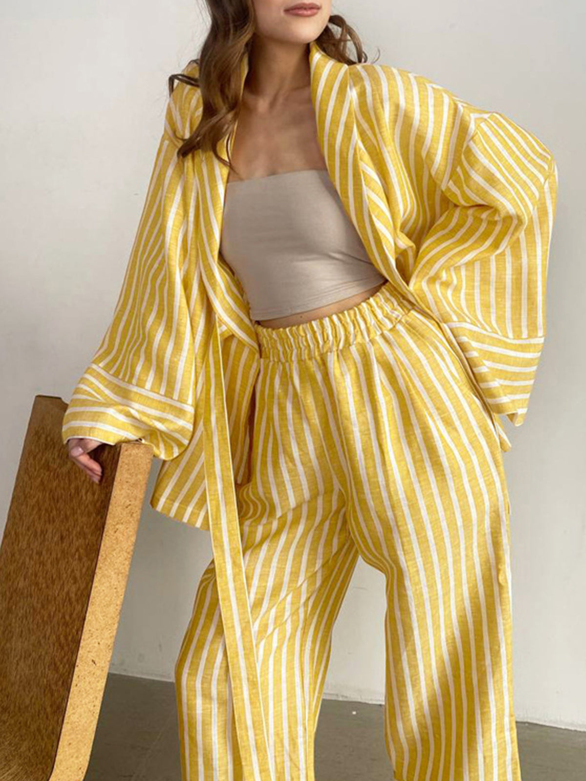 Oversized Knotted Striped Pants Set-Chicvia