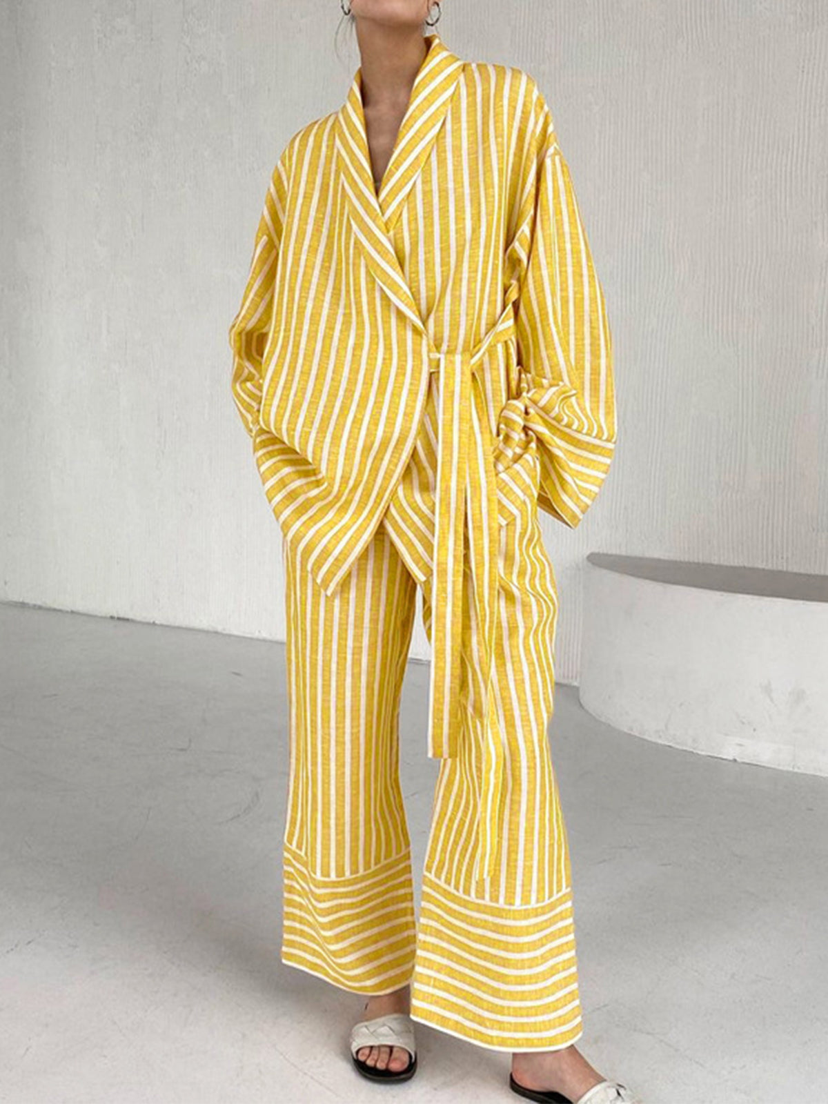 Oversized Knotted Striped Pants Set-Chicvia