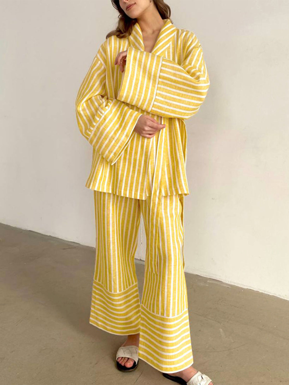 Oversized Knotted Striped Pants Set-Chicvia
