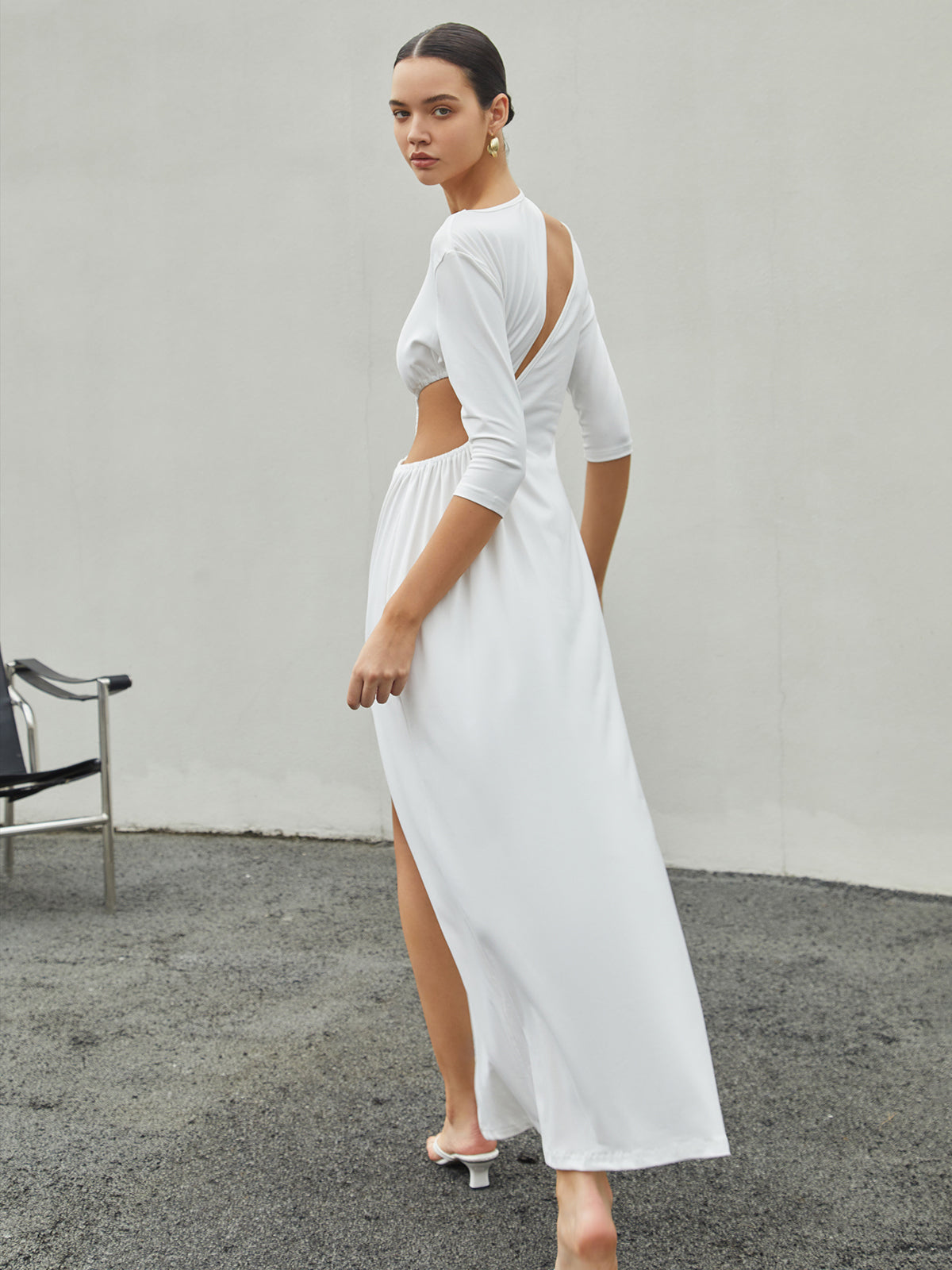 Cut Out Ruched Split Knit Maxi Dress-Chicvia