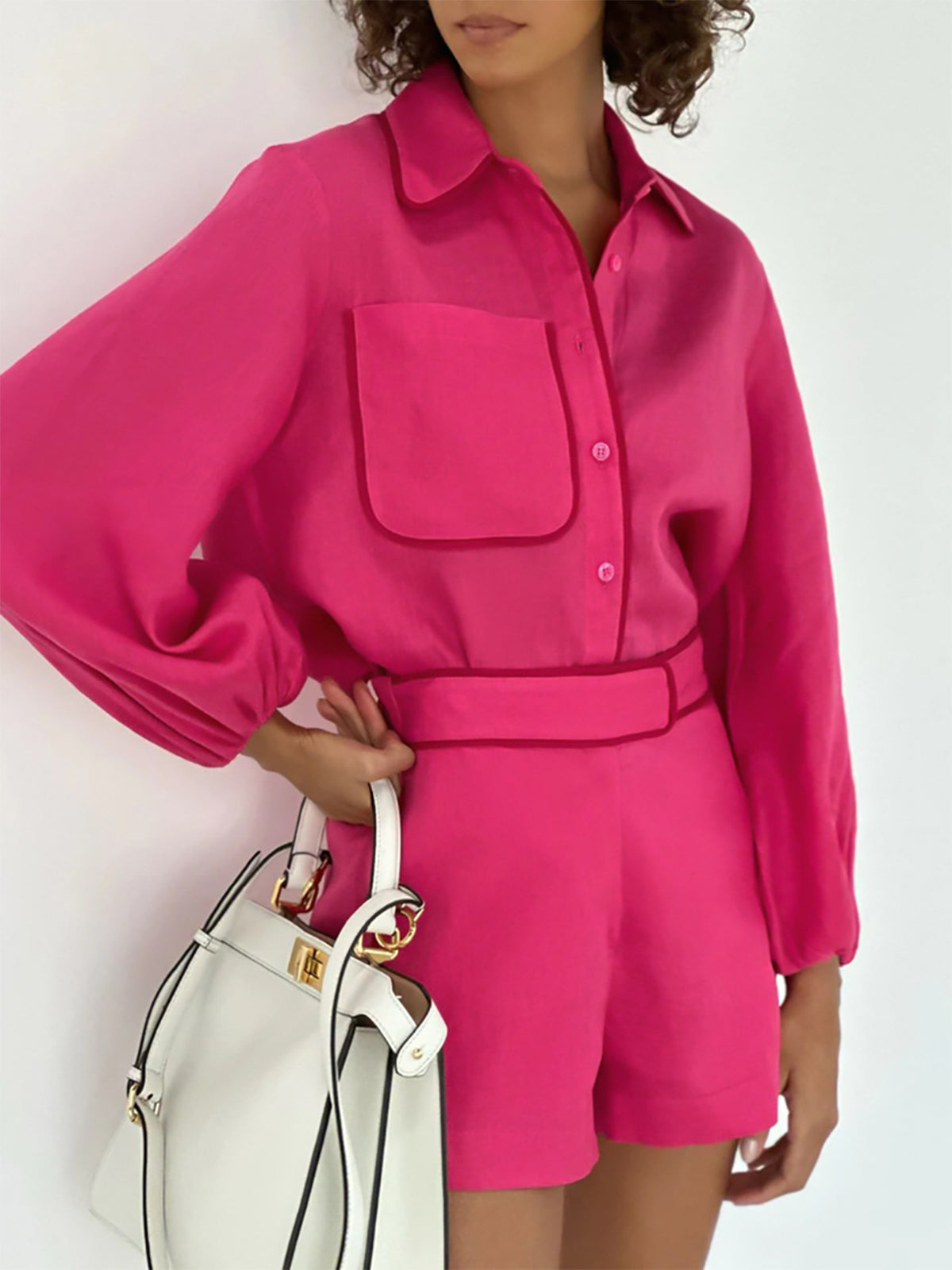 Cotton & Linen Contrast Trim Two Piece Shorts Set-Chicvia