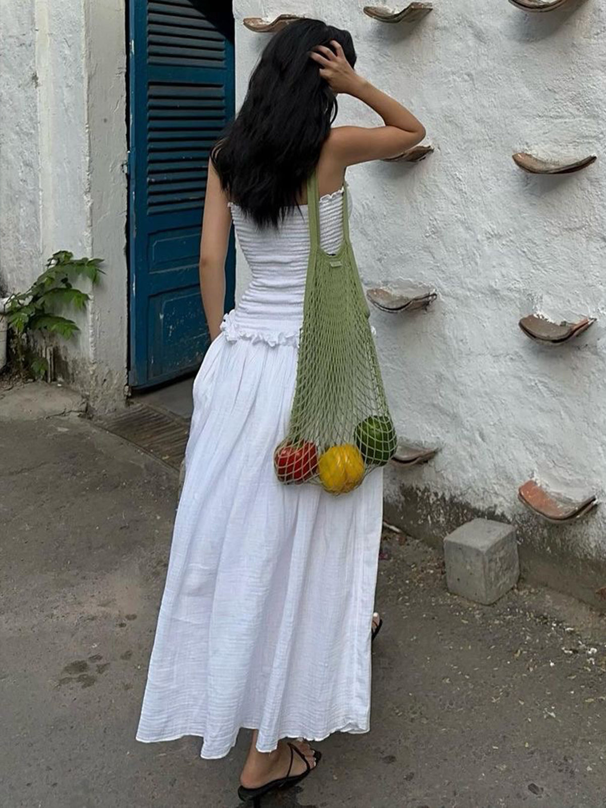 Cotton Blends Shirred Tube Long Dress-Chicvia