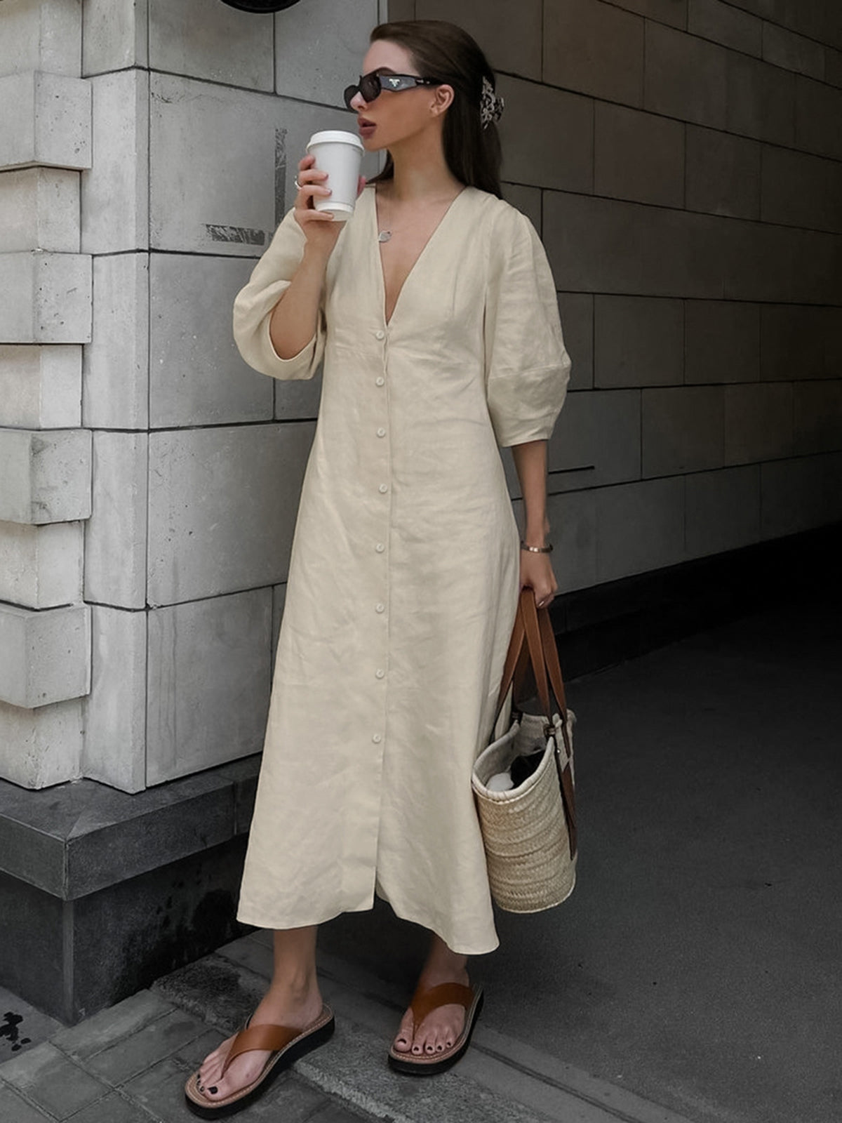 Cotton & Linen Button-Front Knotted Long Dress-Chicvia