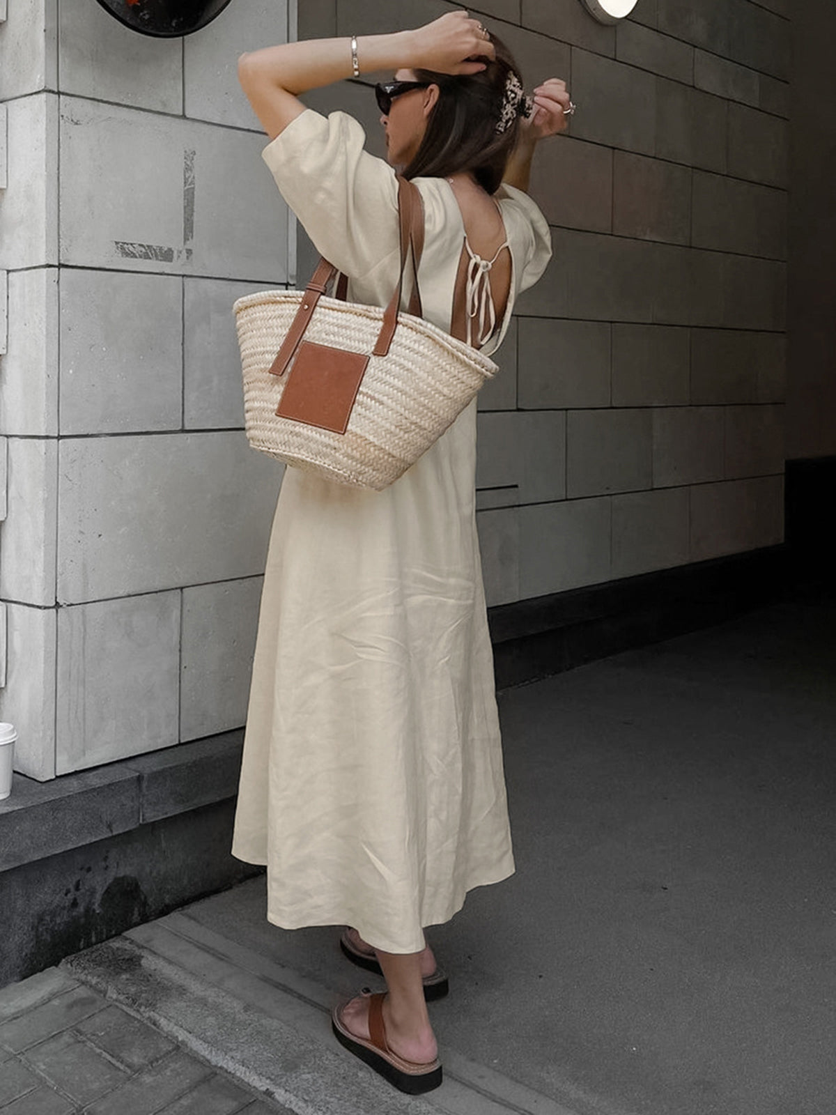 Cotton & Linen Button-Front Knotted Long Dress-Chicvia