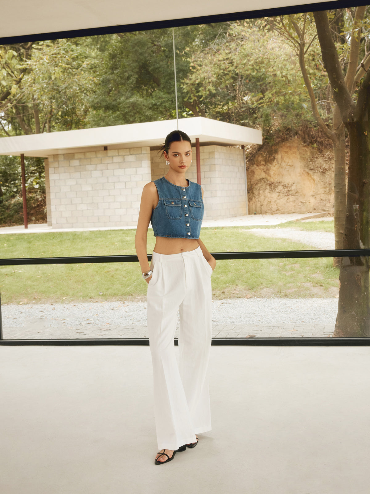 Button Front Double Pockets Denim Top-Chicvia