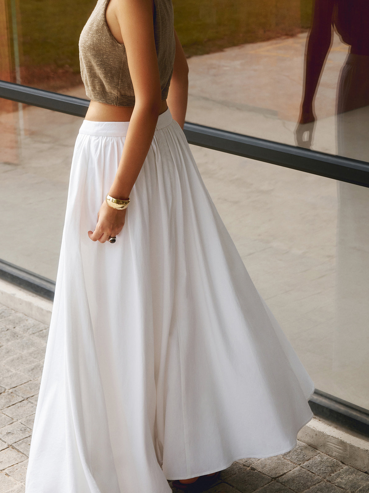 Linen Pleated Maxi Skirt-Chicvia