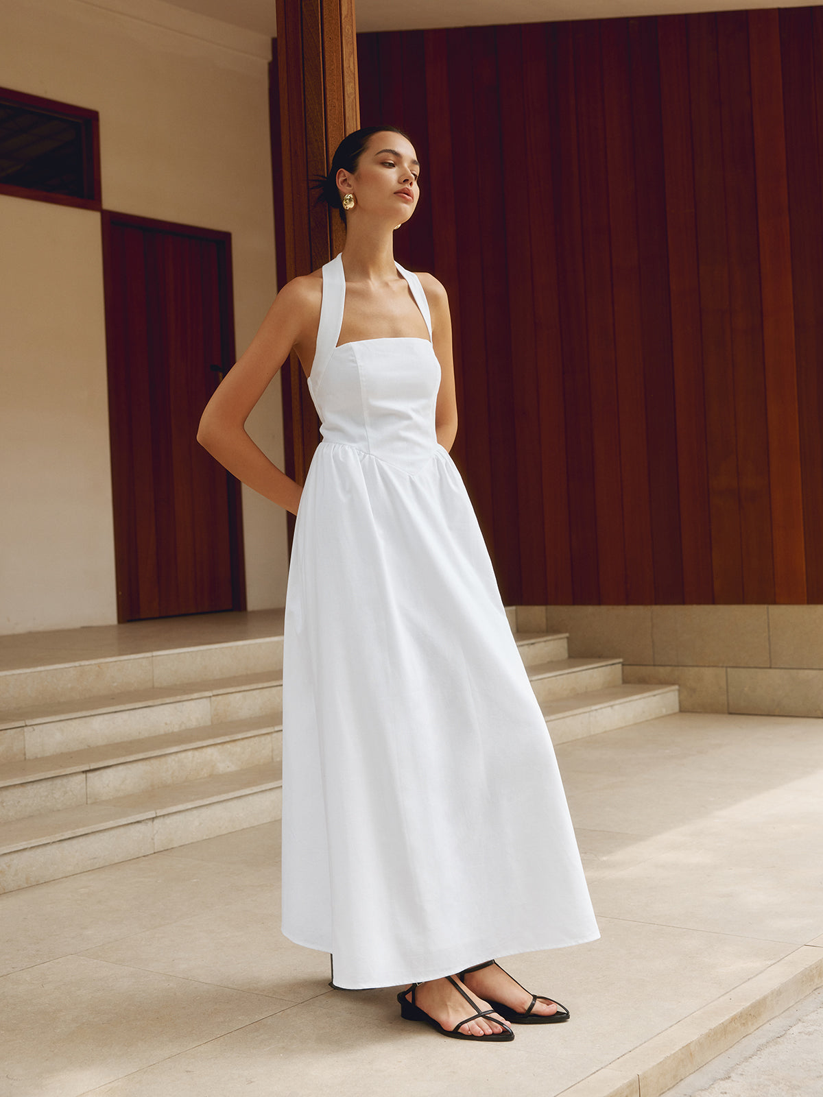 Cotton & Linen Halter A Line Long Dress-Chicvia
