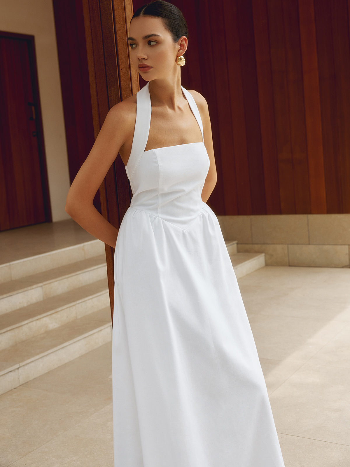 Cotton & Linen Halter A Line Long Dress-Chicvia
