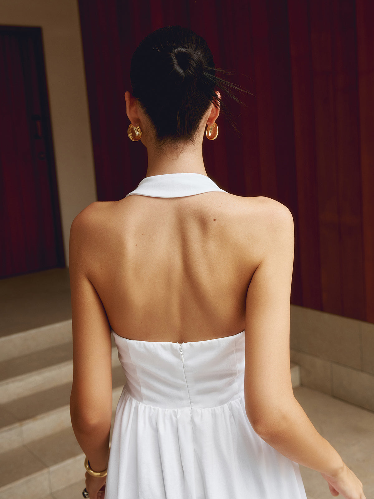 Cotton & Linen Halter A Line Long Dress-Chicvia