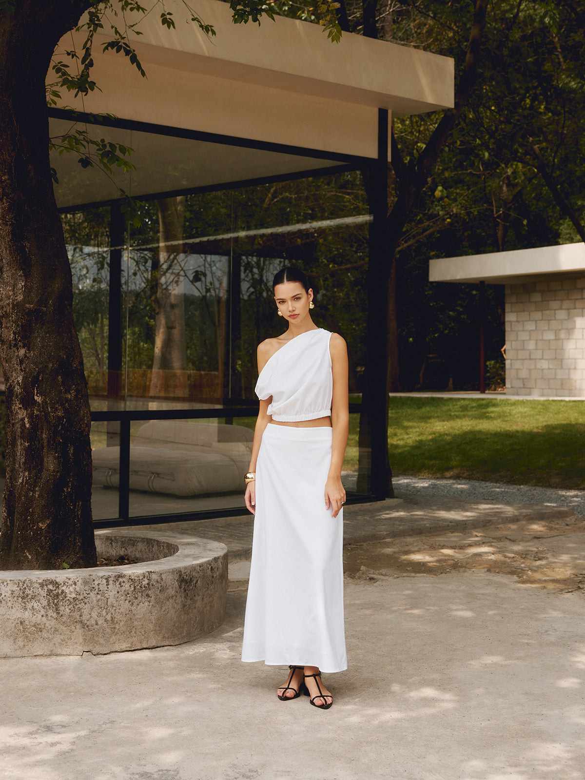 Cotton & Linen One Shoulder Off T-Shirt-Chicvia