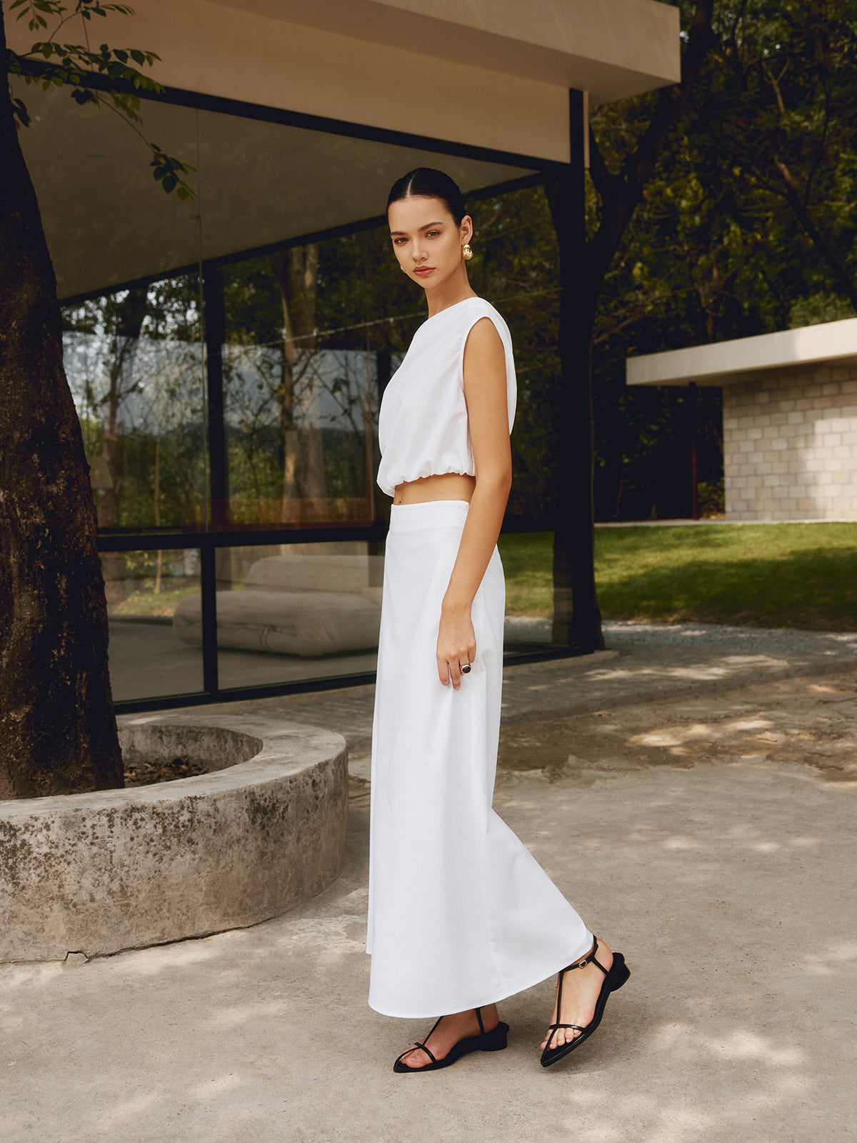 Cotton & Linen One Shoulder Off T-Shirt-Chicvia