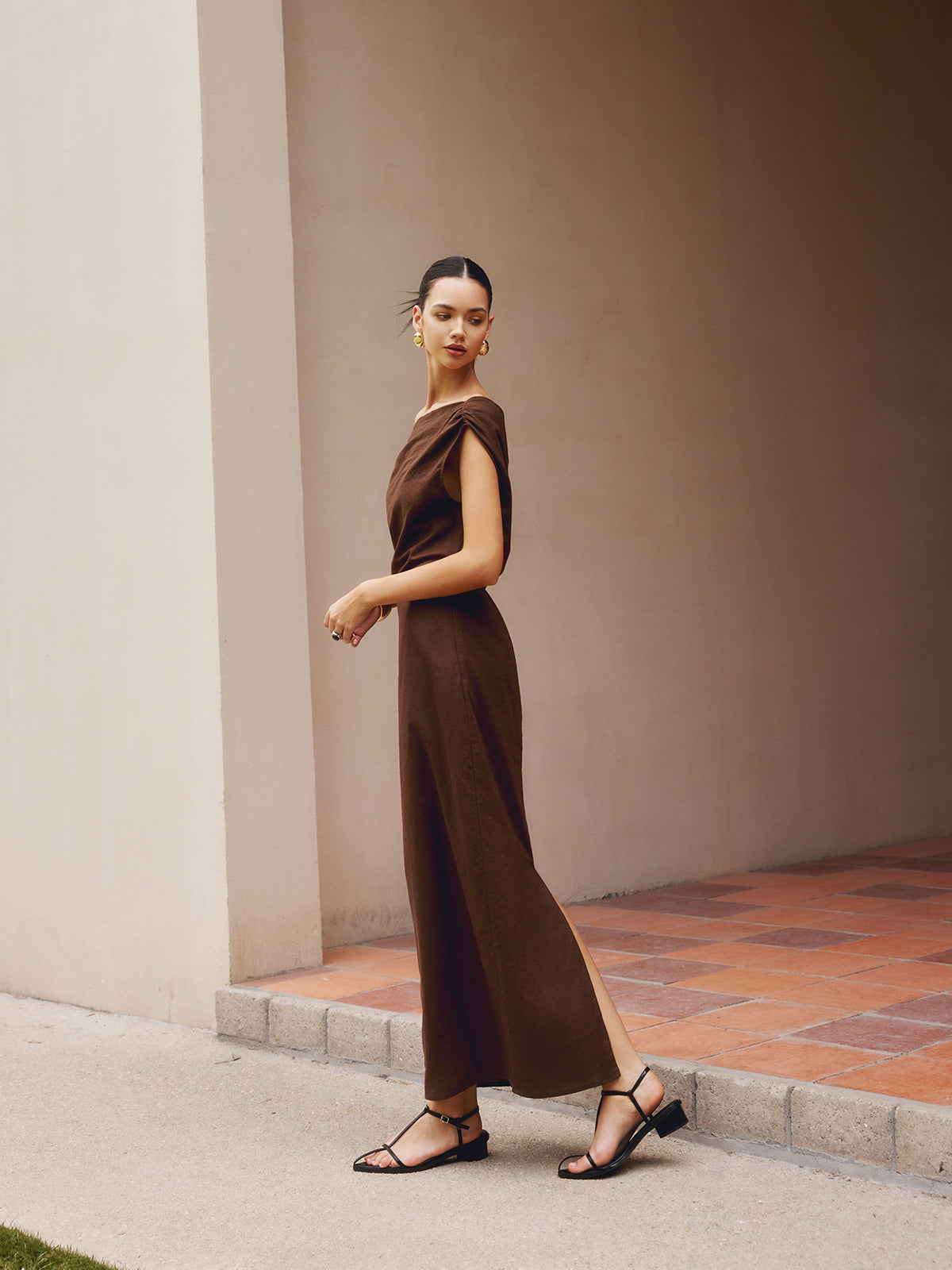 Cotton & Linen Asymmetrical Neck Dress-Chicvia