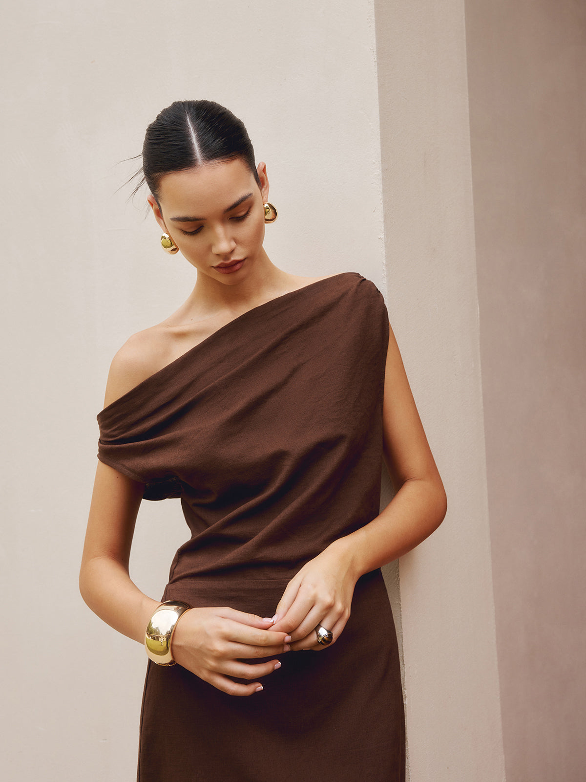 Cotton & Linen Asymmetrical Neck Dress-Chicvia