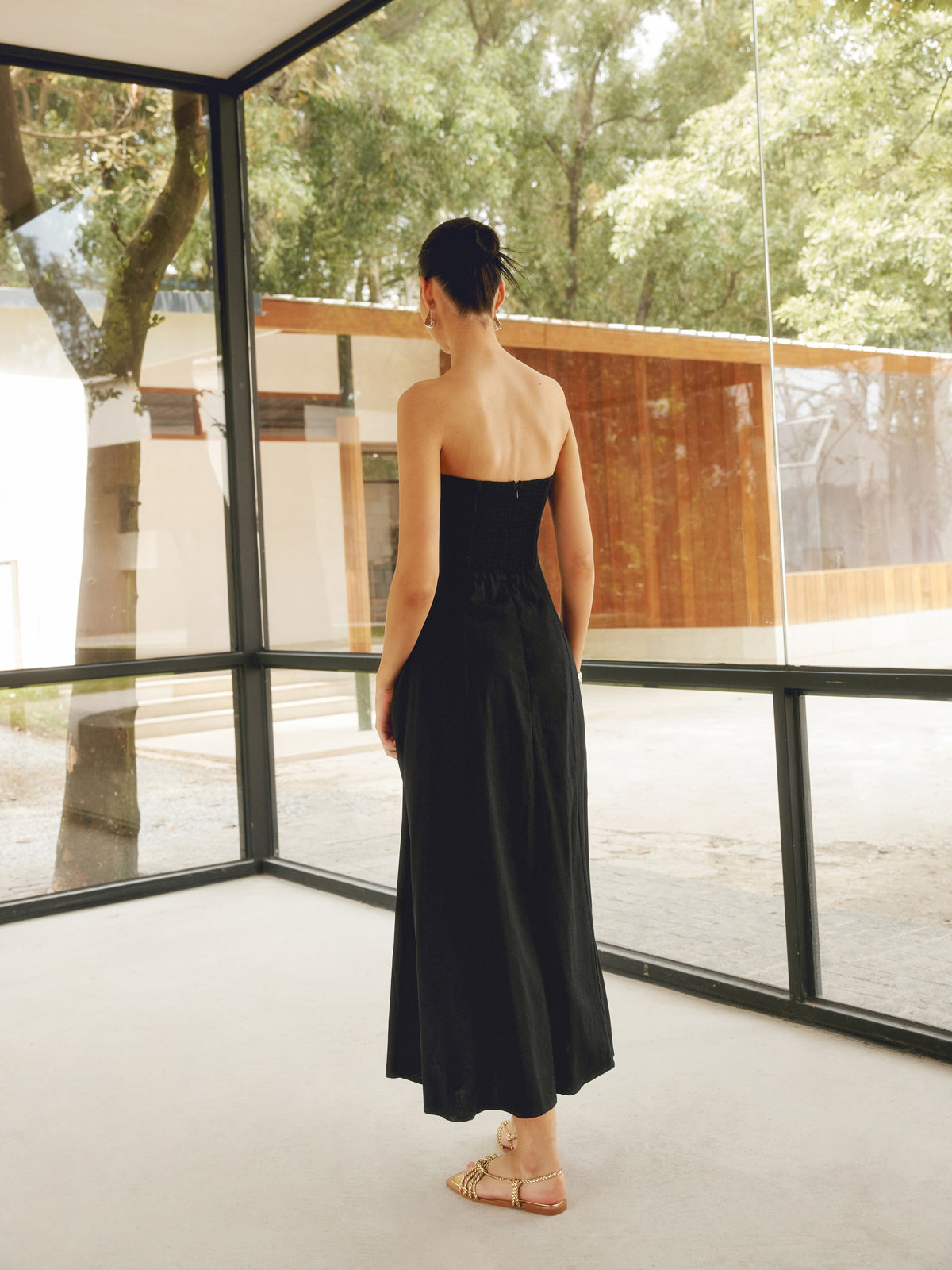 Linen Blends Basic Pockets Tube Long Dress-Chicvia